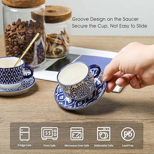 Miniatura 8 de Selamica Tazas de café expreso de cerámica con platillos y soporte de metal, tazas apilables de capuchino de porcelana de 2.5 onzas, tazas Demitasse