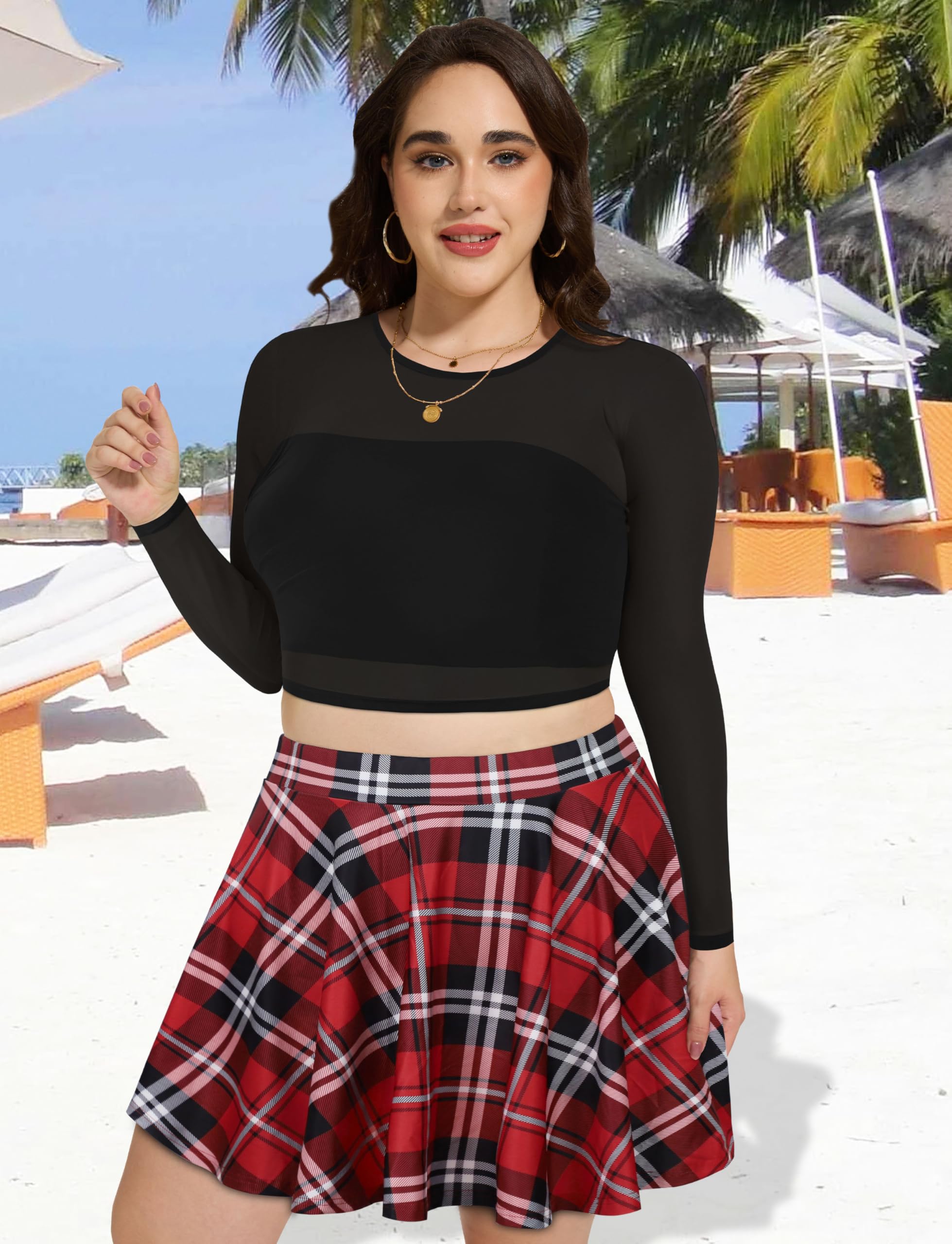 JOELLYUS Plus Size Skirts for Women Summer Pleated Mini Skirt Casual Flowy High Waisted Womens Short Skirts: 4X-Large Red Plaid