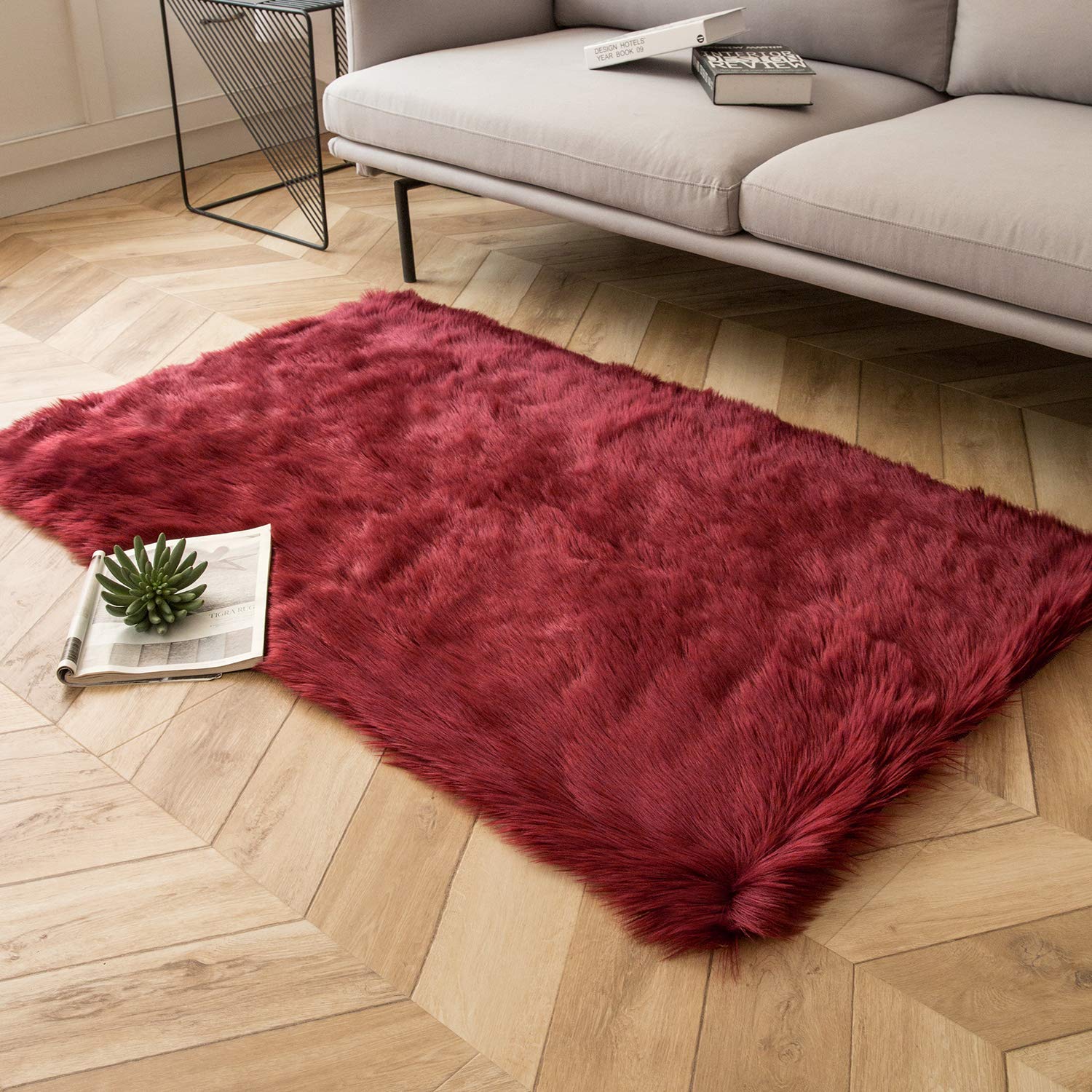Ashler faux fur rug, Fluffy Shaggy Area Rug Ultra Soft 3 x 5 Feet Rectangle Fur Rug Deep Red Fuzzy Rug Machine Washable Shag Rug, Nursery Decor Throw Rugs for Bedroom, kids room, Living Room