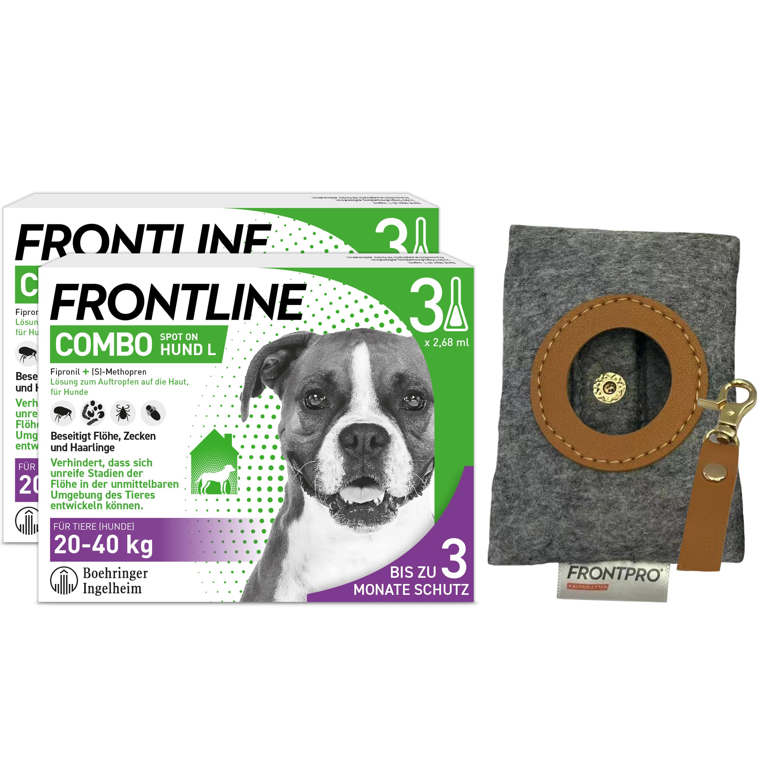 FRONTLINE Combo Hund L gegen Zecken, Flöhe & Haarlinge (20 bis 40 kg) | 3x Pipetten (2er Pack) bis zu 6 Monate Schutz - gegen Floheier, Larven & Puppen im Haushalt - wasserfest + Kotbeutelspender