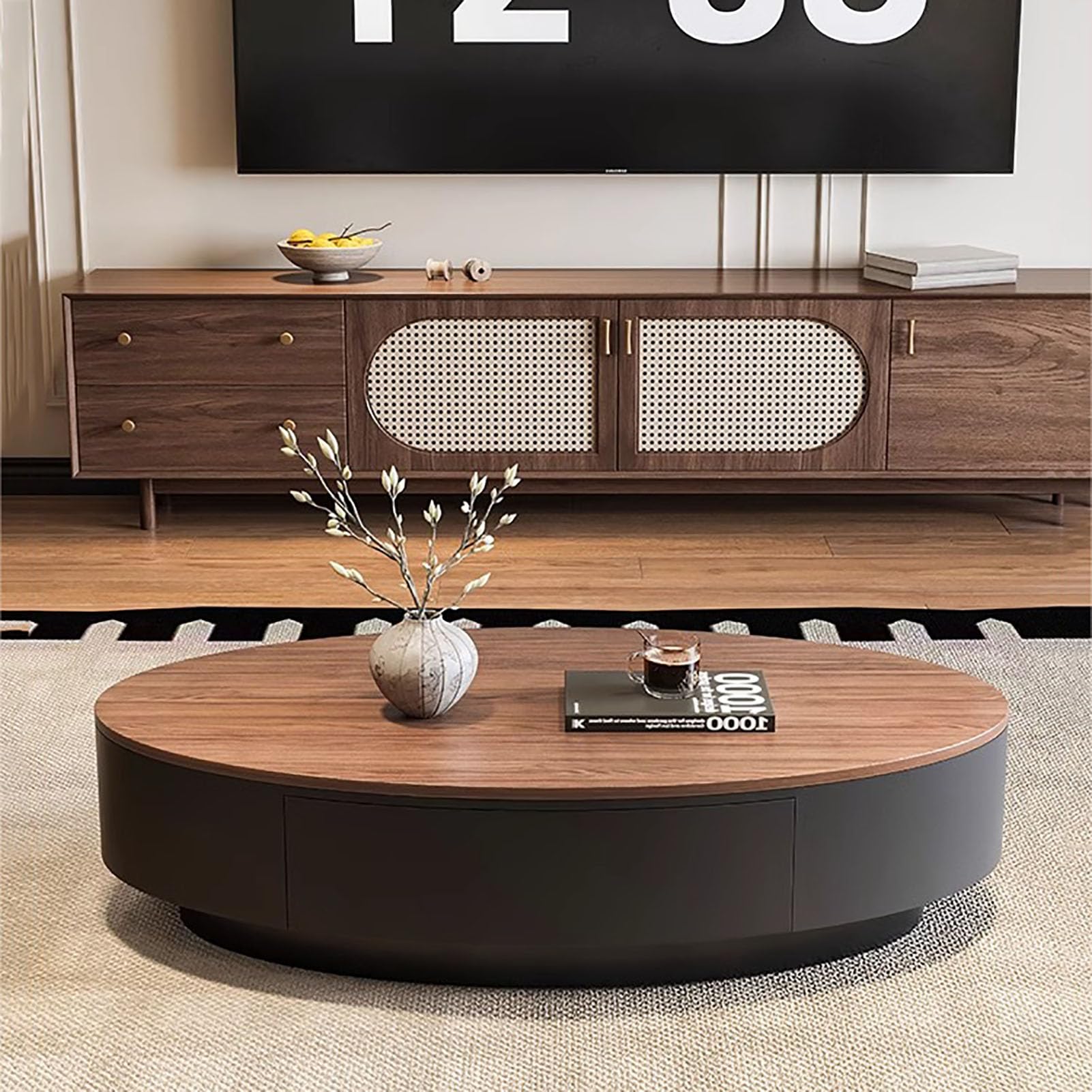 SXZenSpace Oval Nesting Coffee Table,Faux Marble Round End Table Modern 47" Living Room Center with Storage Drawer,C,120x60x33cm(47x24x13inch)