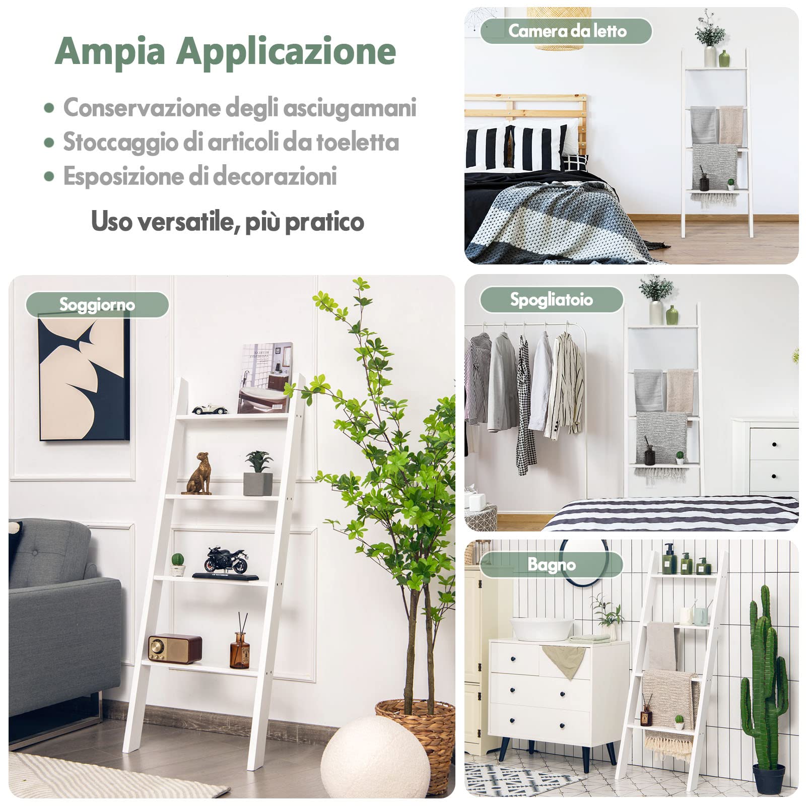 COSTWAY Scaffale di Stoccaggio in Legno di Pino, Porta Asciugamani a 4 Livelli per Bagno, Porta Salviette, Multiuso per Bagno Soggiorno (Bianco, 51 x 8 x 137 cm)