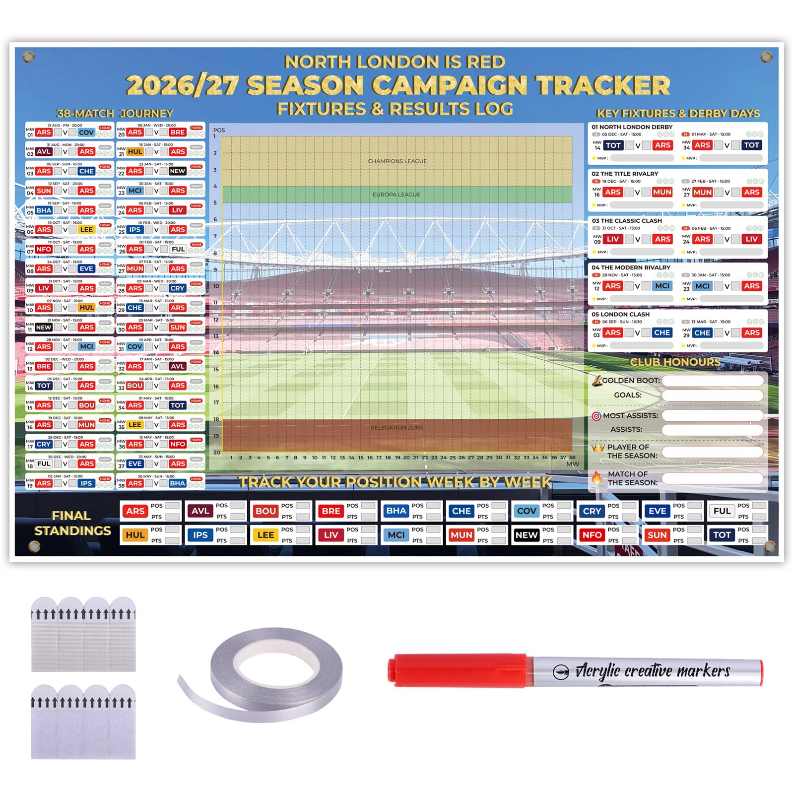 Wall Chart ASL 2026/27 Season, Football Schedule Poster 20 Teams, 150x100cm