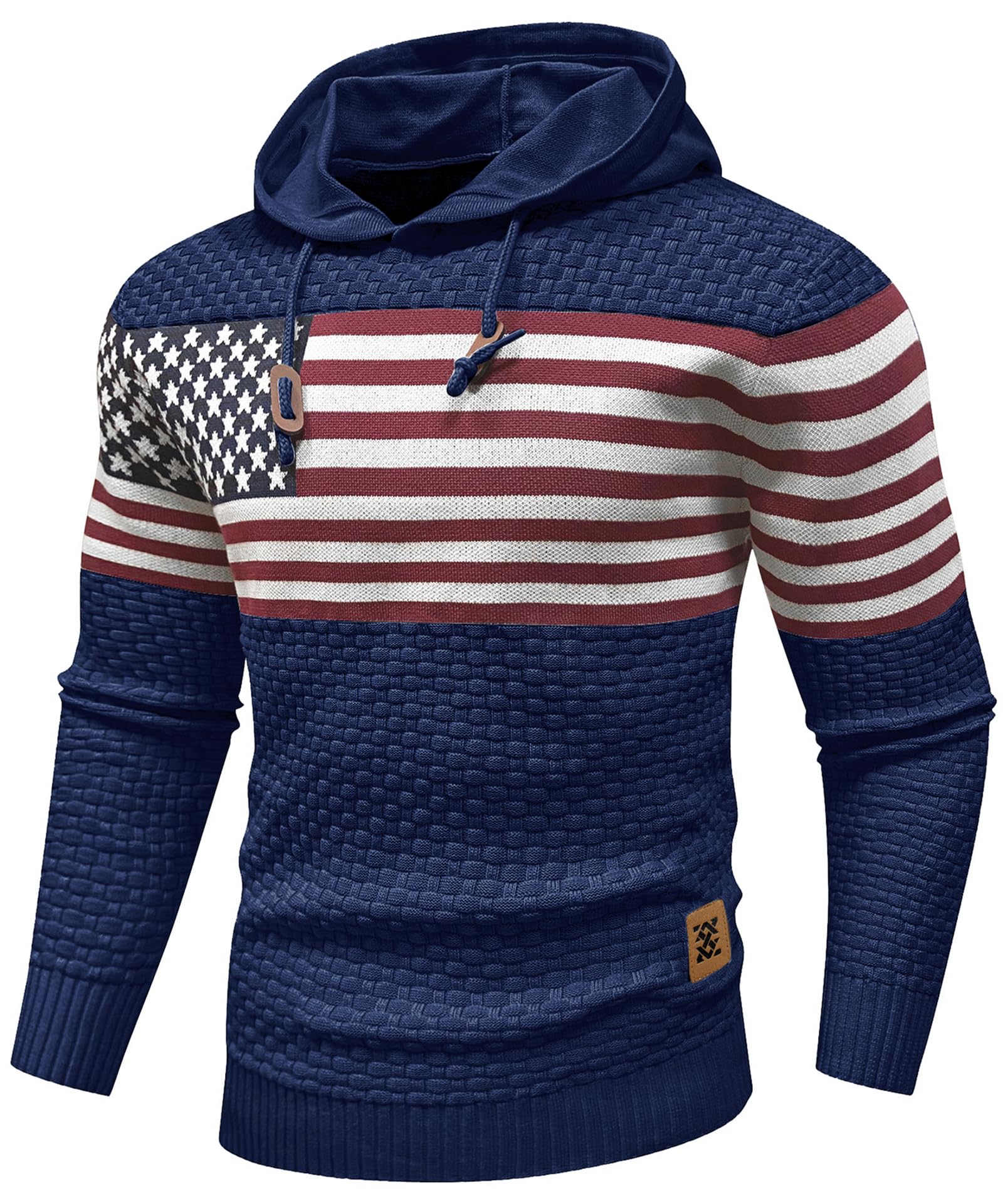 Zaitun Mens Hooded Sweatshirt Long Sleeve American Flag Knitted Hoodie Pullover Sweater