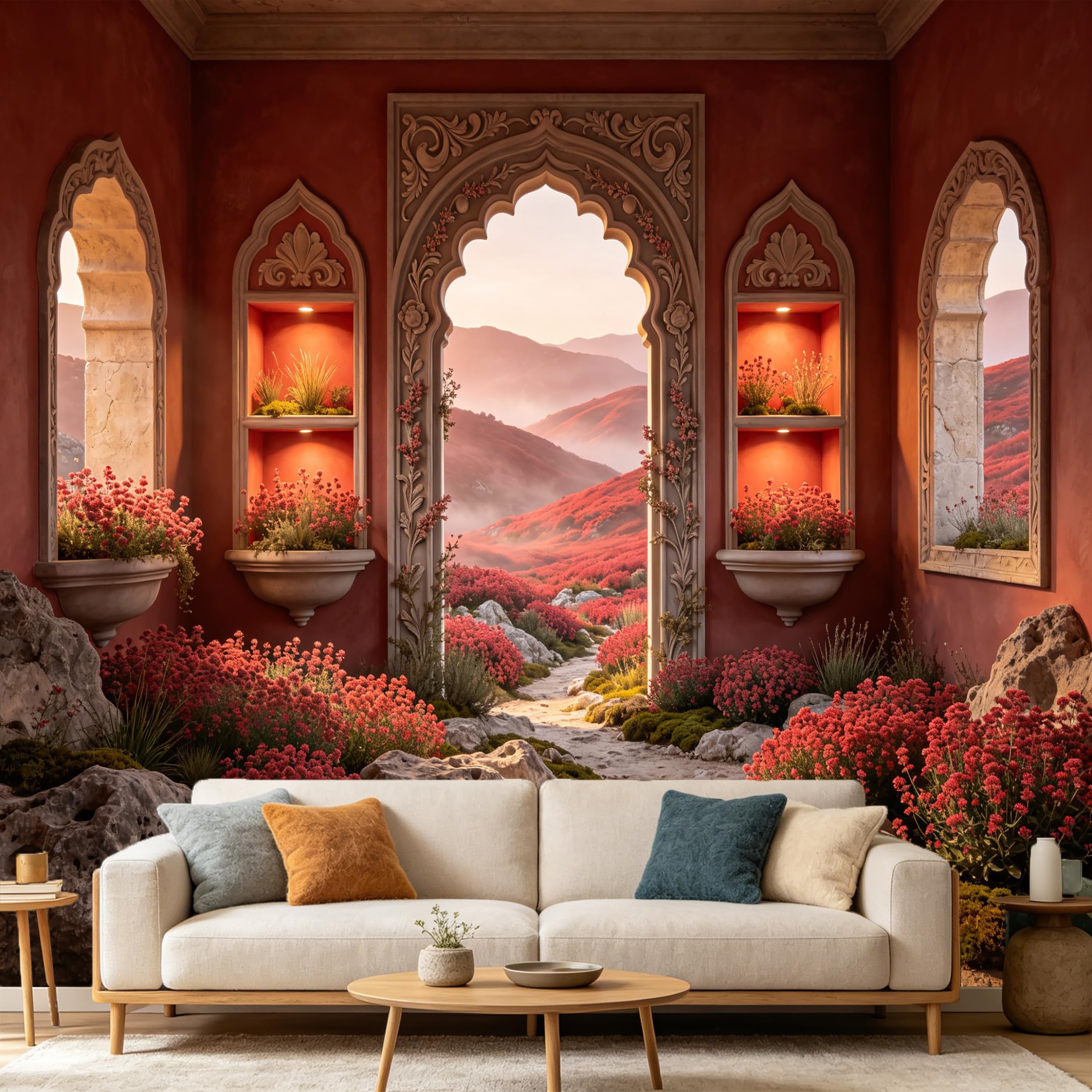 Custom Size Wall Mural， Mediterranean Archway Landscape Red Hill Flowers 3D Trompe L'Oeil， SelfAdhesive Art Prints wall Fabric Removable Large Wallpaper Home Living Room Decor
