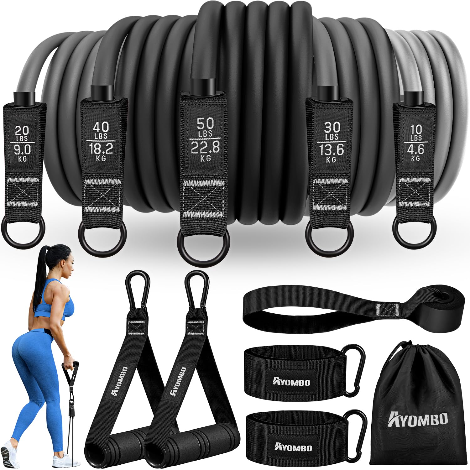 Ayombo Fascia di resistenza da donna, fasce per esercizi con manici, fasce per fitness, fasce per allenamento con ancoraggio alla porta, cinghie per caviglia, per allenamento di resistenza pesante