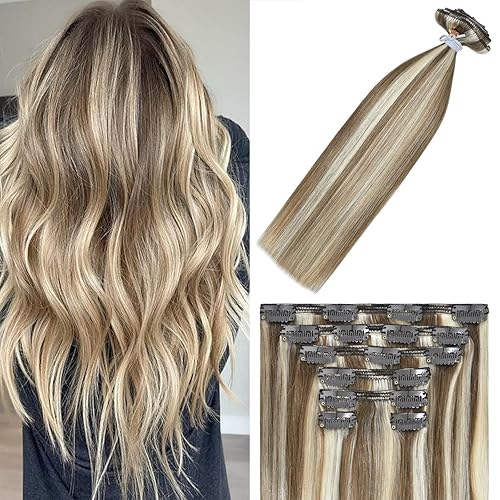 WindTouch Extensiones de cabello humano real con pinzas, balayage, color rubio ceniza a rubio platino, con reflejos gruesos para cabeza completa, 14