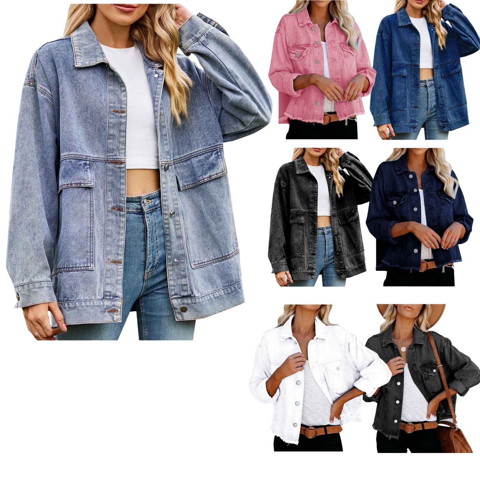 GenericJean Jacket Women Oversized Vintage Denim Jacket Long Sleeve Top Coats Button Down Lapel Outwear 2024 Fashion with Pockets