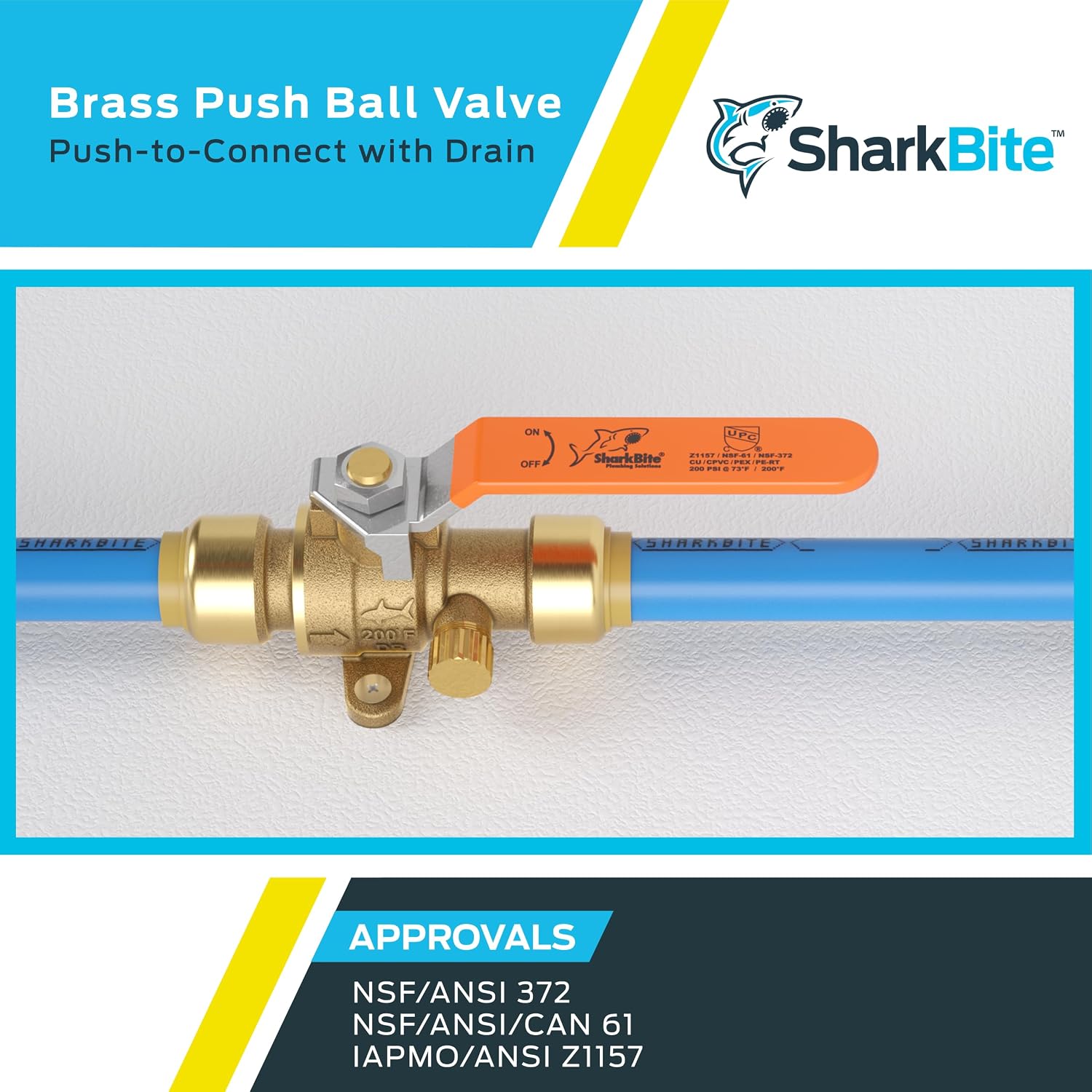 SharkBite 3/4 x 3/4 in PTC Ball Valve with 1/8 in NPSM Drain and Mounting Tab, Pack of 6, Push-to-Connect Brass Plumbing Fitting, 24616-0000LF