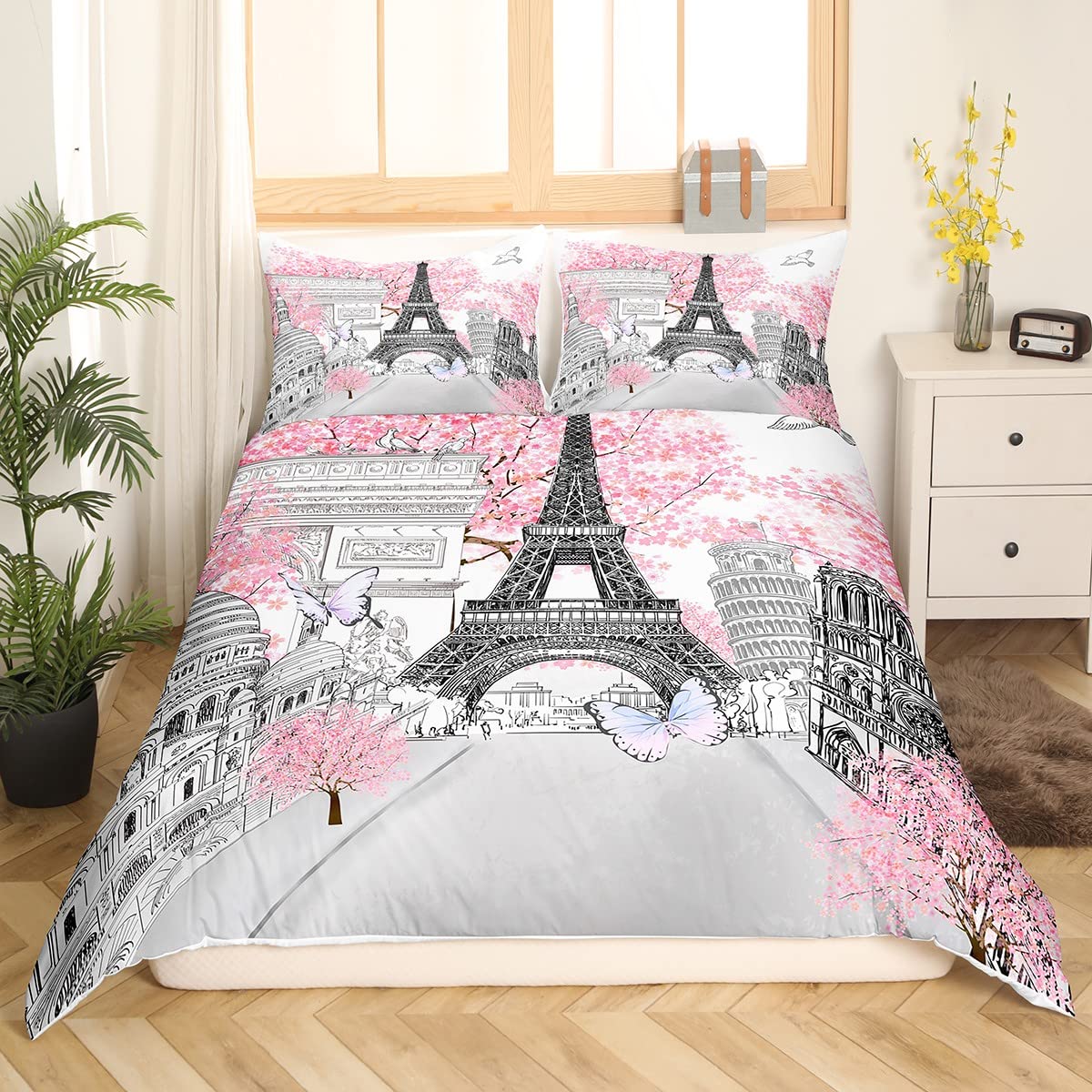 Eiffel Tower Bedding Set - Pink Cherry Blossom Paris Theme Comforter, Twin Size, 68x90 Inches, Decorative Duvet Insert With Pillowcase