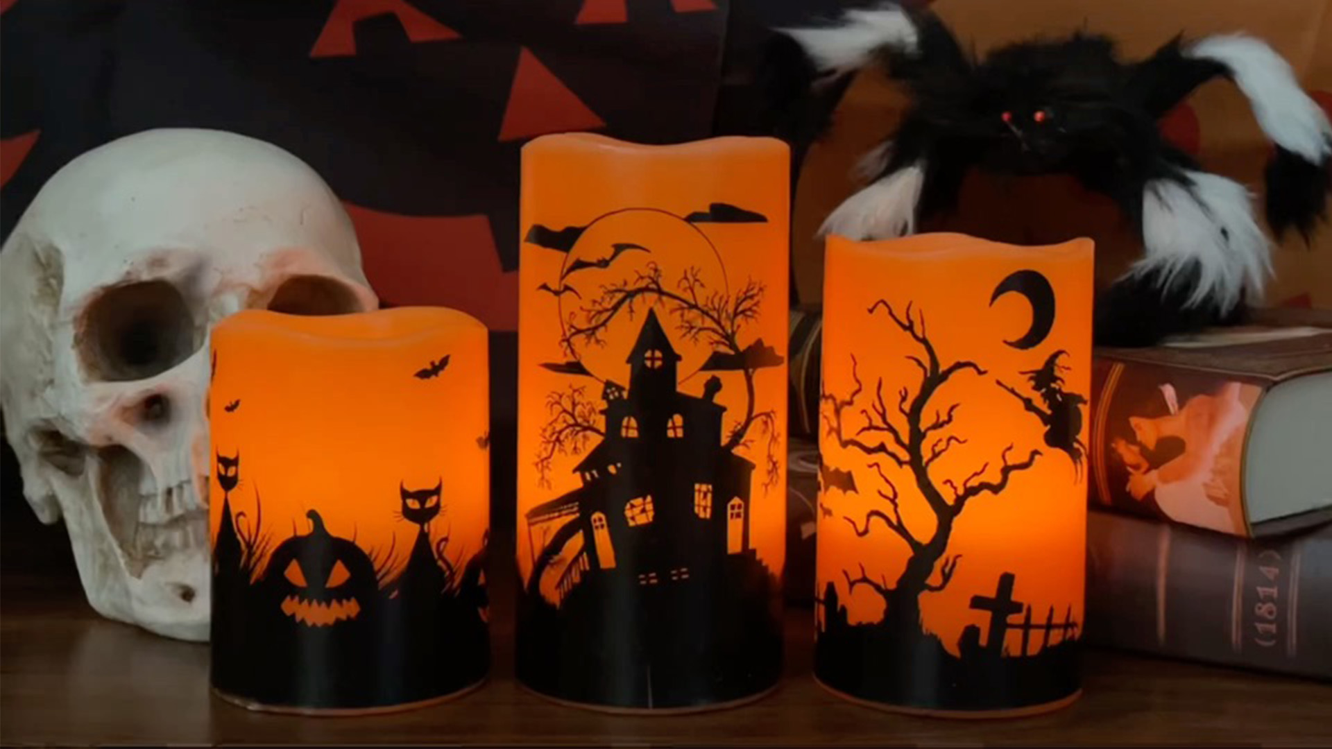 Image of Halloween Flameless Candles with 6-Hour Timer, Battery Operated Orange LED Pillar Candles Flickering Real Wax, Witch, Bats, Castle Decals Set of 3 for Halloween Decorations, D3 inchx H4 inch 5 inch 6 inch