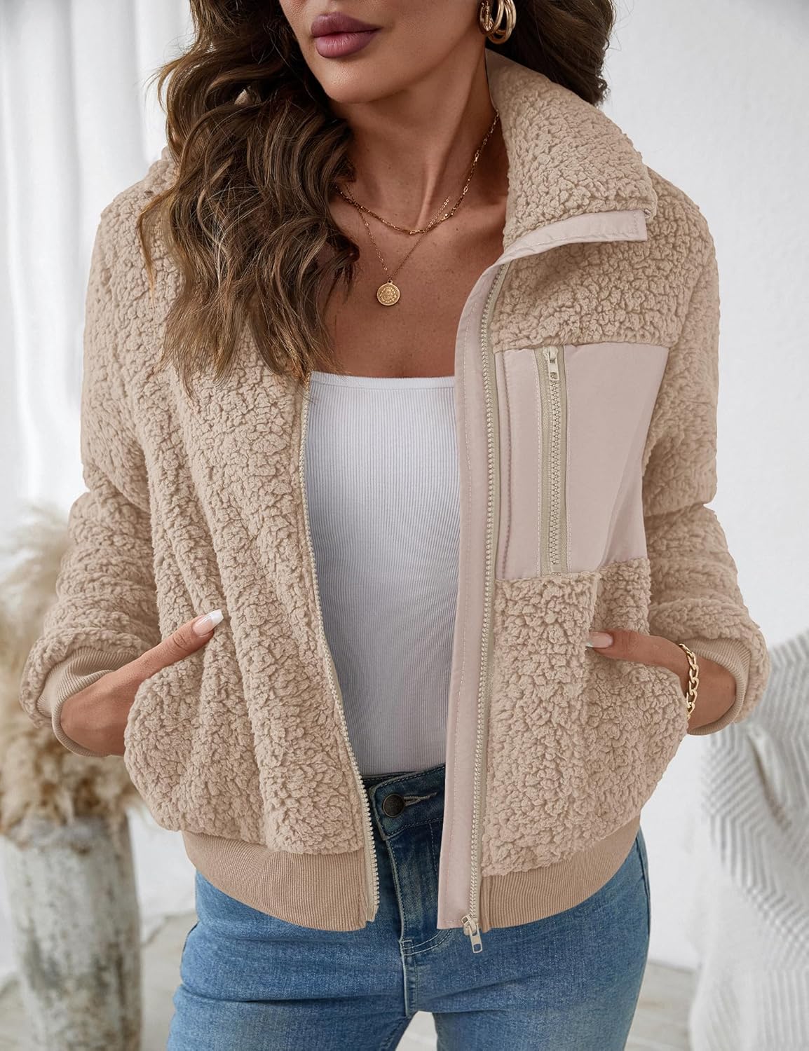 LOMON Women's Sherpa Fleece Jacket Casual Lapel Fuzzy Faux Shearling Zipper Coats Loose Fit Warm Winter Outwear - Image 2