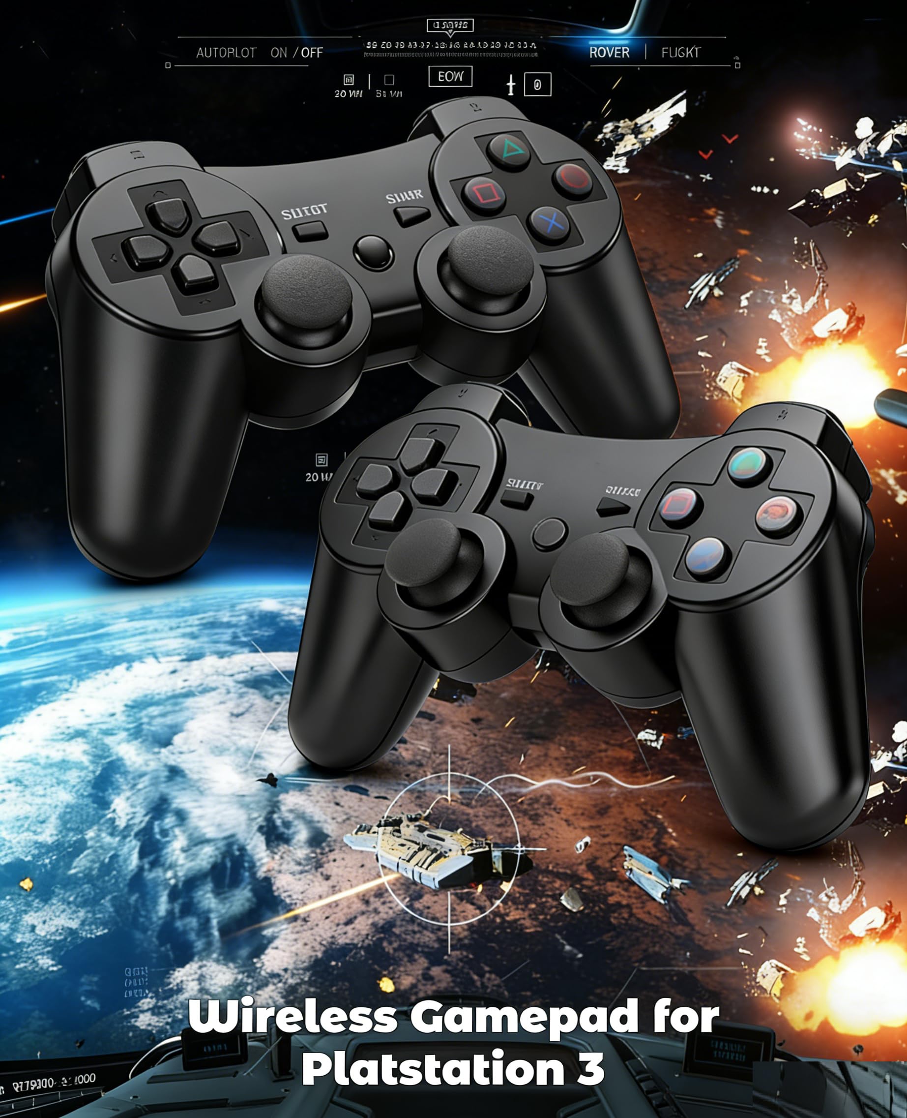 PS-3 Controller 2 Pack, Dual Shock 3 Wireless Gamepad Joystick for PlayStation 3, Compatible with PS-3 Console, Ergonomic Design, Rechargeable Battery, Vibration Feedback - 2 Controllers in Set