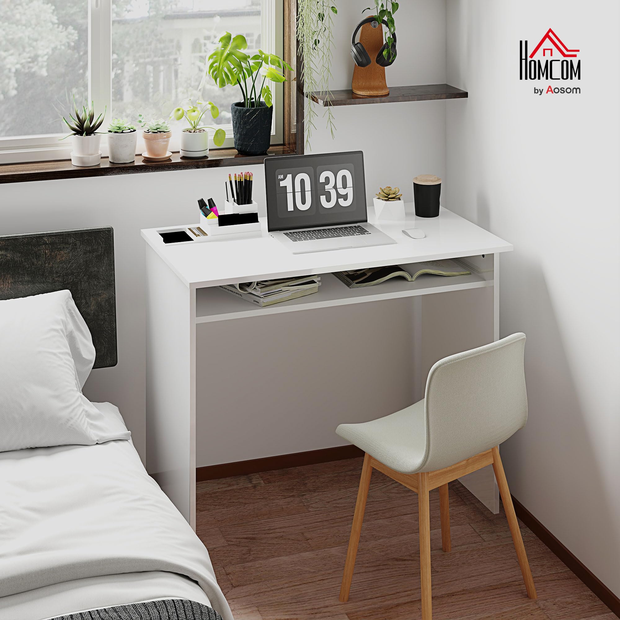 HOMCOM Bureau Informatique avec 1 Étagère 90l x 50P x 74H cm Blanc Laqué