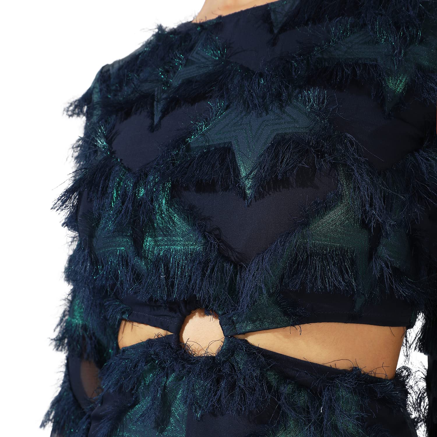 Campus Sutra Women's Green & Blue Cutout Fringe Dress For Casual Wear | Long Sleeve | Midi Length | Dress Crafted With Comfort Fit And High Performance For Everyday Wear