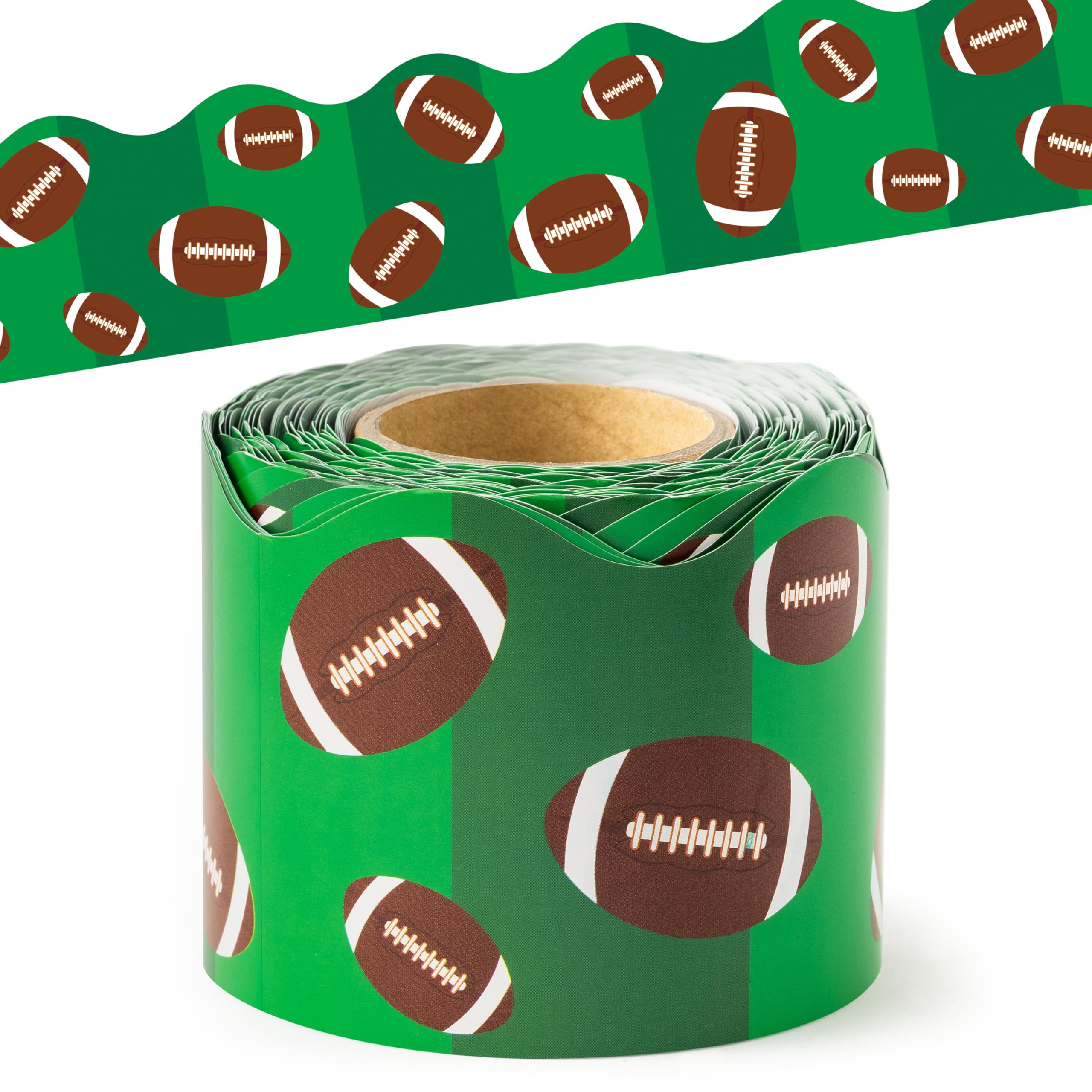 BeYumi Green Football Border Trim - 65ft Back to School Football Scalloped Rolled Border Trim Rugby Sports Bulletin Board Set Classroom Office Chalkboard Kindergarten Elementary Home Party Decoration