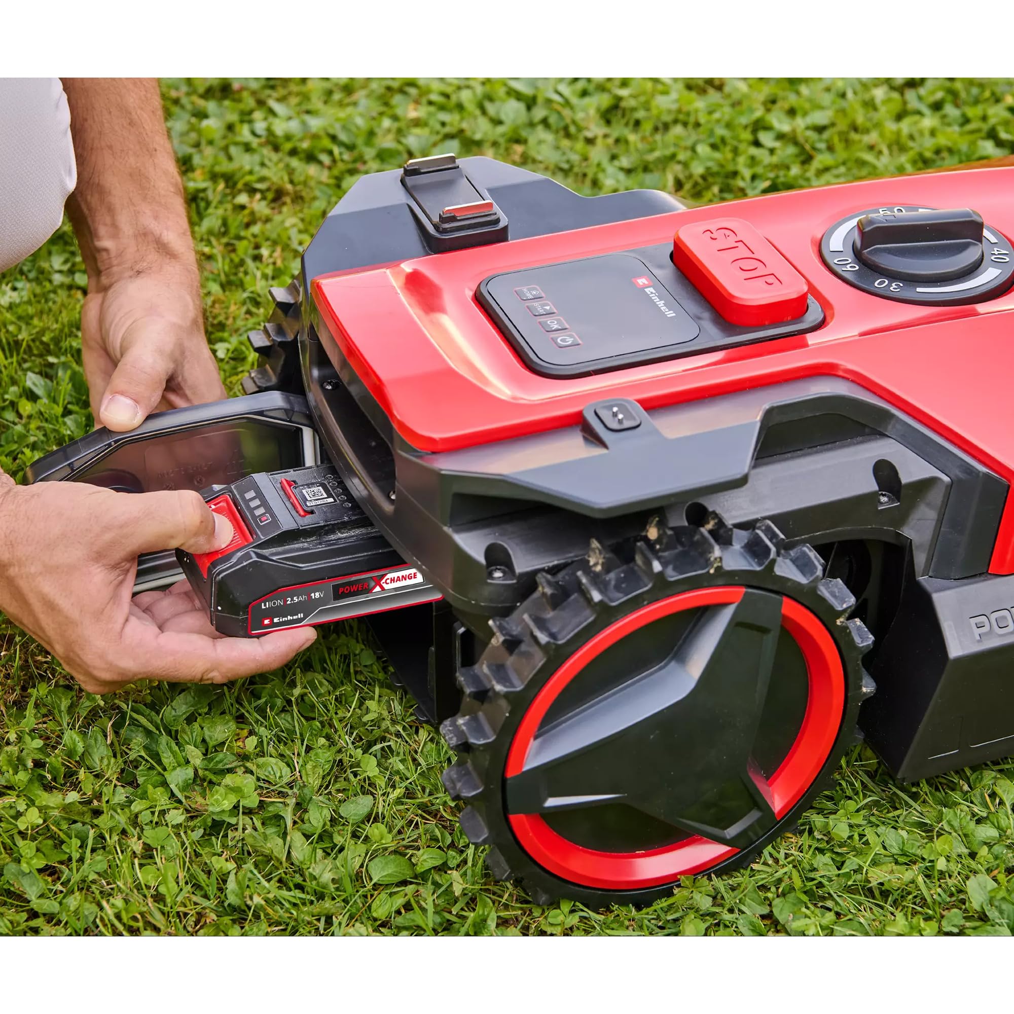 Einhell FREELEXO 500 Power X-Change robot kosiarka (18 V, sterowana aplikacją), IPX5, aktualizacje Over-the-Air (OTA) przez WiFi, z materiałem instalacyjnym do 500 m² i akumulatorem 2,5 Ah Plus)