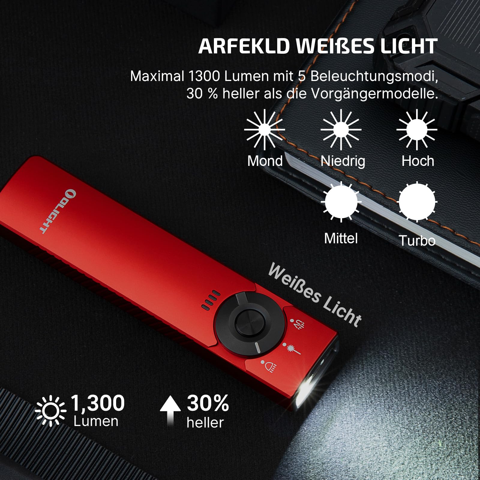 OLIGHT Arkfeld Pro Wiederaufladbare EDC Taschenlampe mit grünem Licht, UV und weiße LED Lampe, 1300 Lumen tragbare Handlampe, 3 Lichtquellen für den Außenbereich, Notfall, Arbeiten (Rot)