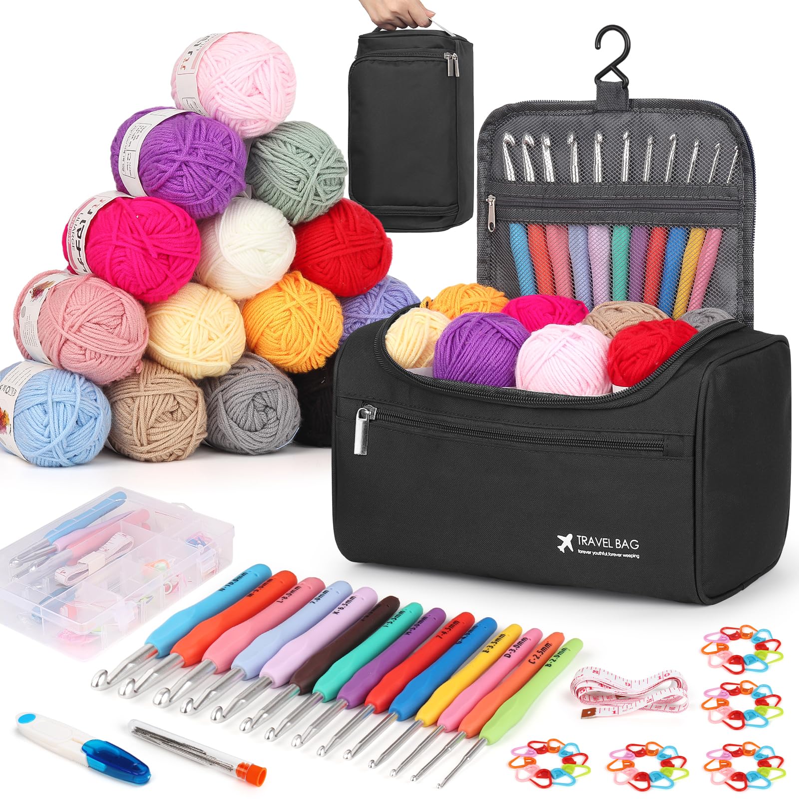 Reessy Crochet Kits for Beginners Adults Complete Crochet Kit with 15Pcs × 25g Crochet Yarn Ergonomic Metal Crochet Hooks Set 2.0-10.0mm Storage Bag
