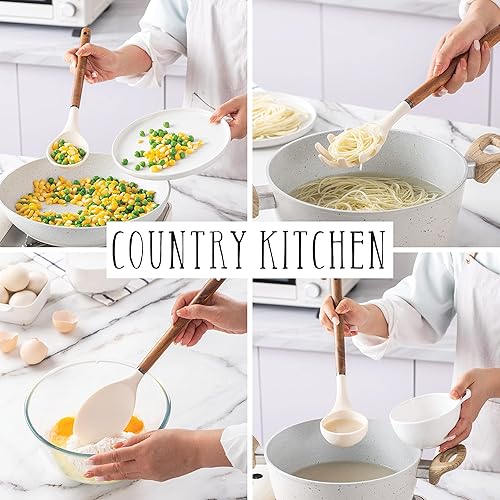 Miniatura 6 de Country Kitchen Juego de utensilios de silicona antiadherente con asas redondeadas de madera para cocinar y hornear, juego de 8 piezas, caqui