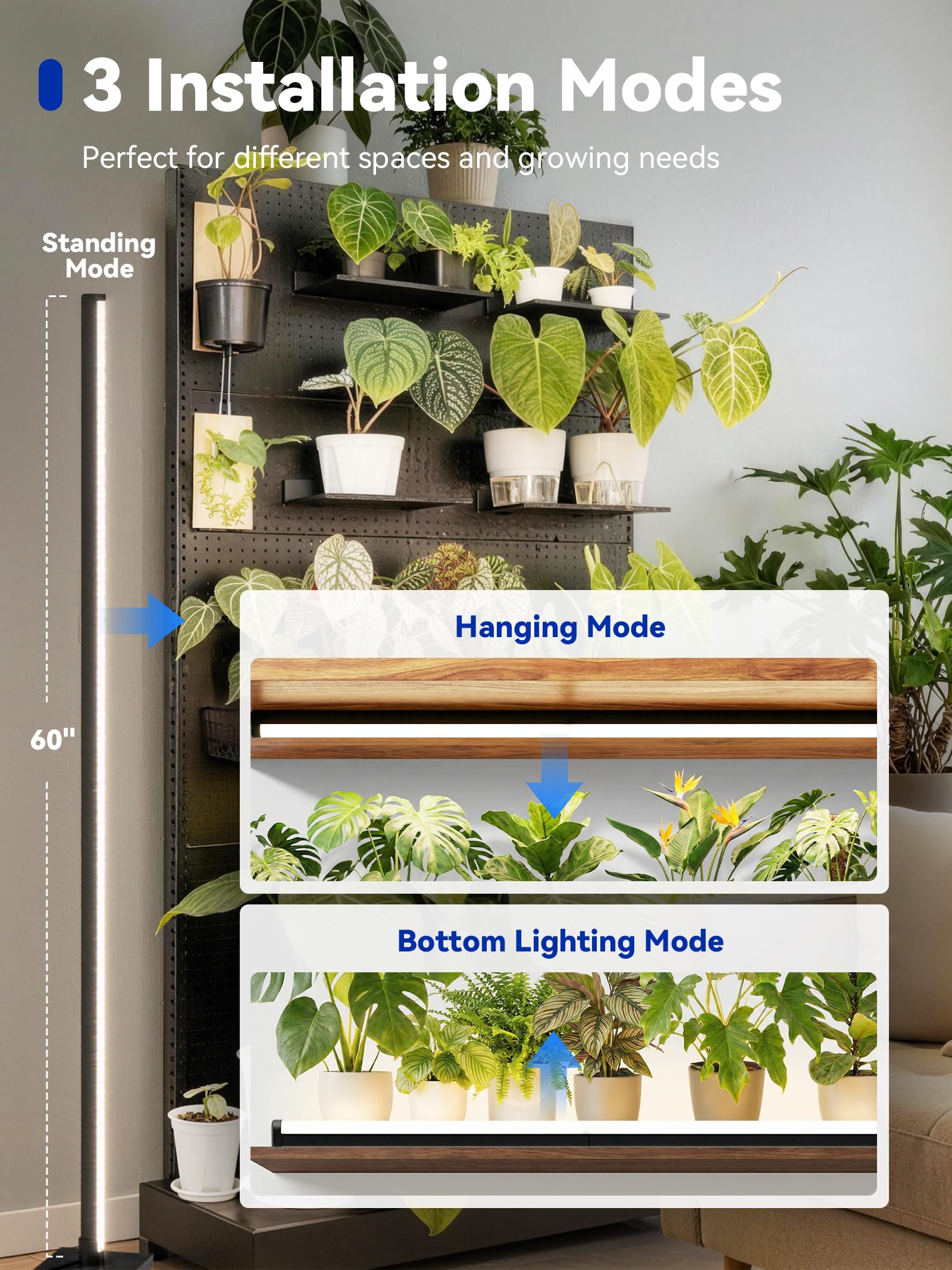 GLOWRIUM - Lampada da terra per piante da interno, luce verticale a spettro completo da 60 pollici, 3 modalità di luce, timer automatico, regolabile a 6 livelli, adatta per la copertura di