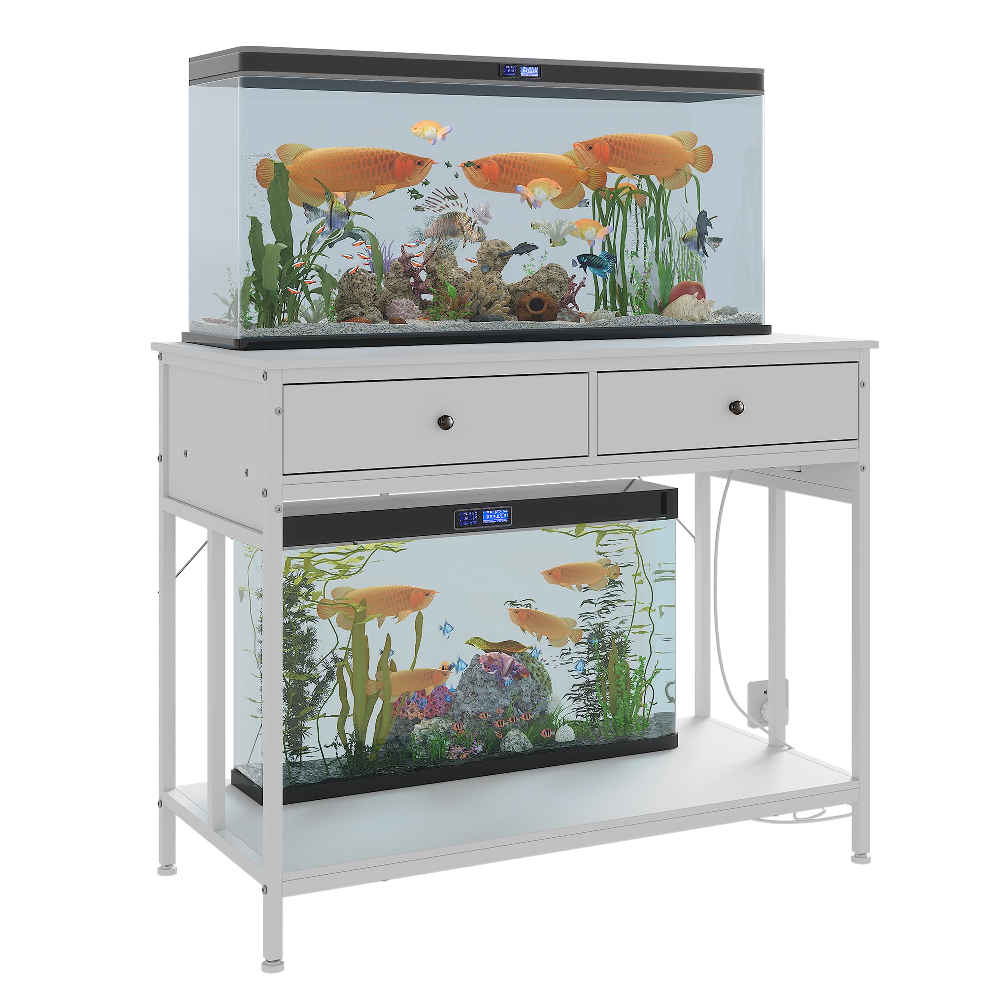GarveeHome 40-50 gal Aquarium Stand with Power Outlet, 39.4 in x19 in Metal Frame Fish Tank Stand with Storage Drawers, Reptile Tank Stands Adjustable Height, 660 LBS Capacity White, White