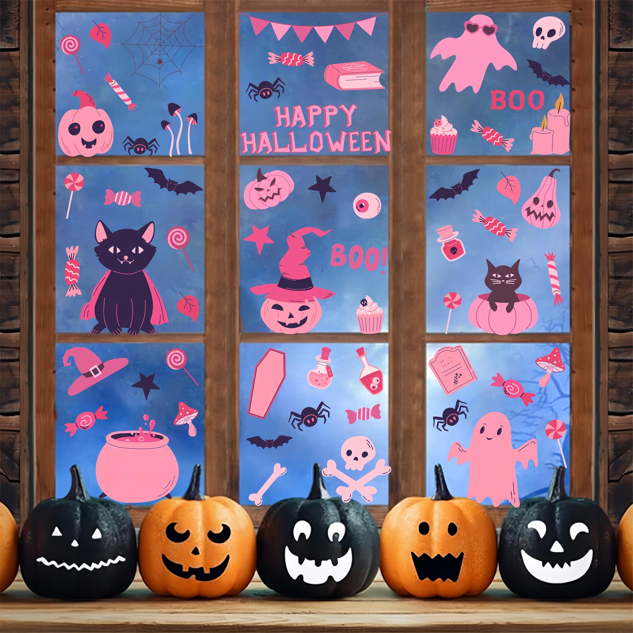 9 Pieces Pink Halloween Window Stickers Pink Cute Pumpkin Ghost Bat Spider Web Double Sided Window Stickers Suitable for Home Office Store School Halloween Party Decoration