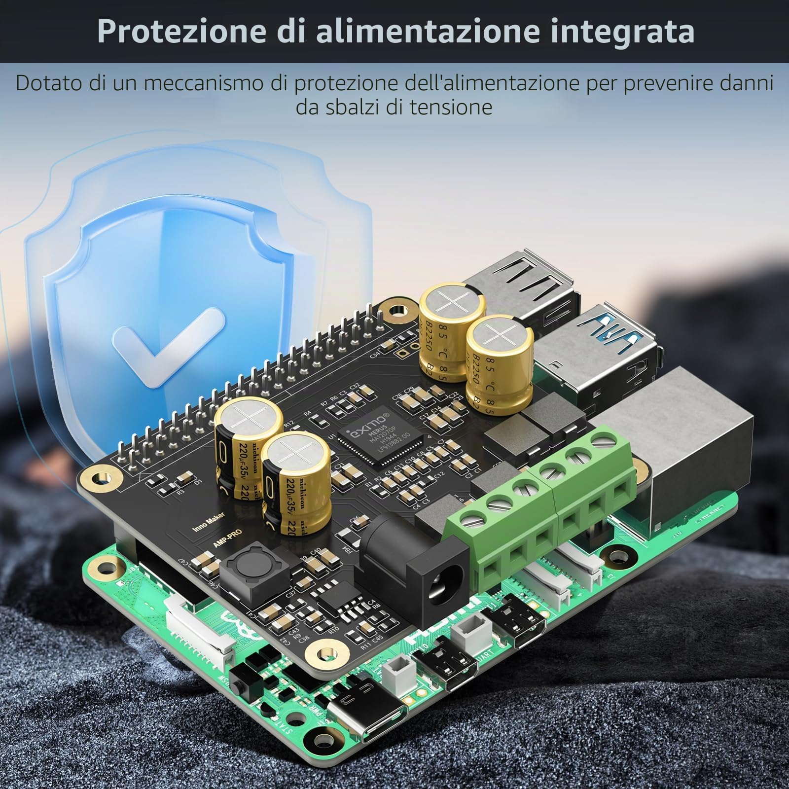 InnoMaker Amplificatore Audio 2x80W Uscita di Picco Classe D HiFi AMP Pro Hat, con MA12070P 192 kHz/24 bit, supporta Volumio, MoOde, Raspbian, LibreELEC per Raspberry Pi 5 4 3B+ Pi Zero