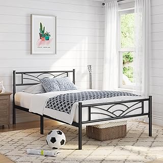 Yaheetech 3ft Single Bed Metal Slatted Bed Frame with Cloud-inspired Design Headboard, Under-bed Storage Black