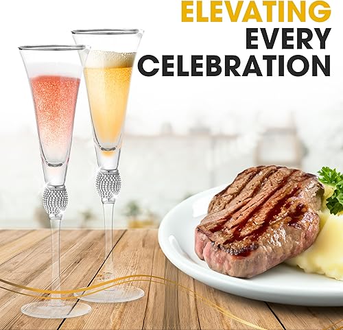 Miniatura 7 de Copas de trompeta de champán de alta calidad, copas de champán de cristal con borde dorado y diseño de diamantes de imitación dorados, 9 onzas cada