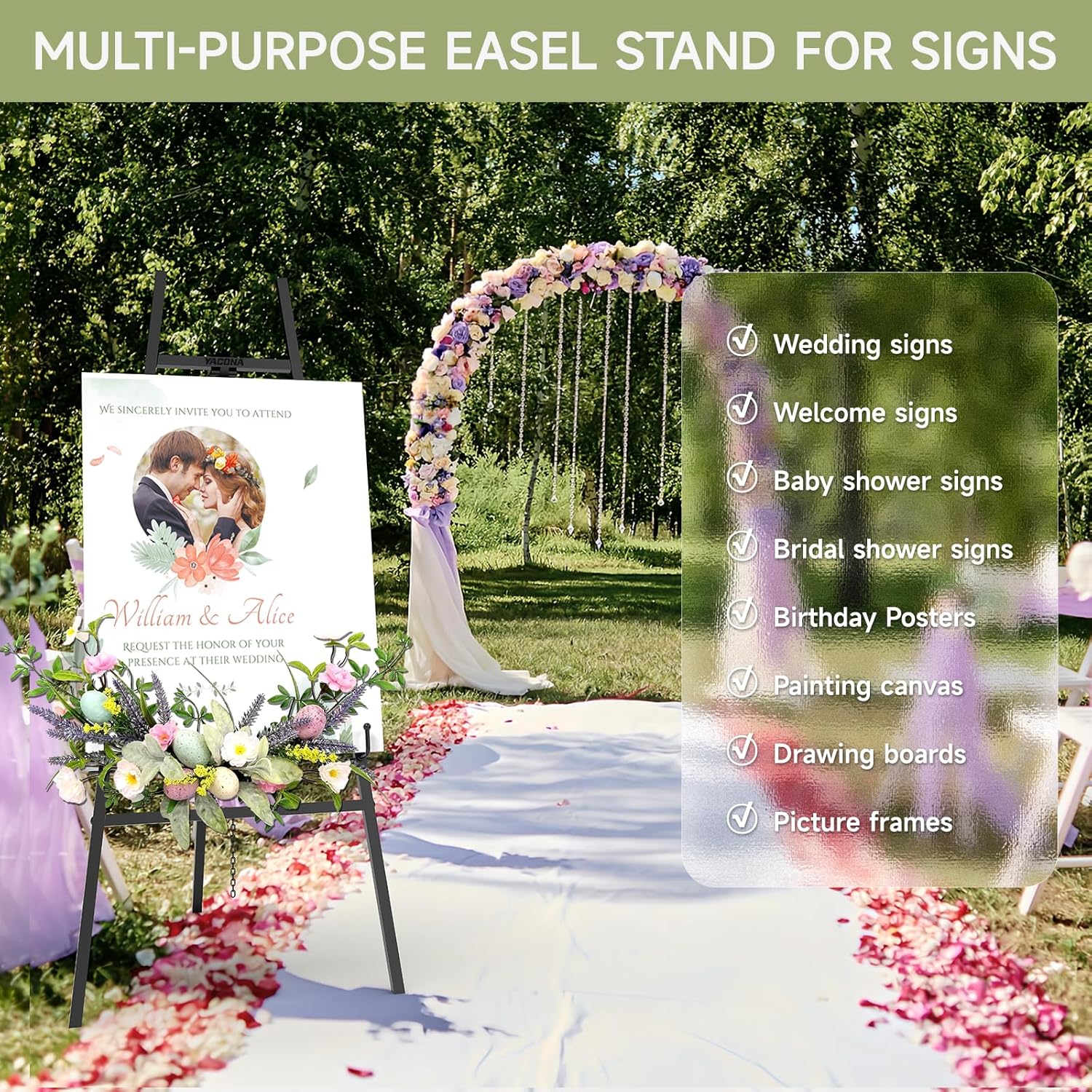 Black Easel Stand for Signs, 4-Tier Height Metal Standing Easel with Adjustable Chain, Heavy Duty Art Easel for Painting, Wedding Sign, Party, Posters & Commercial Display