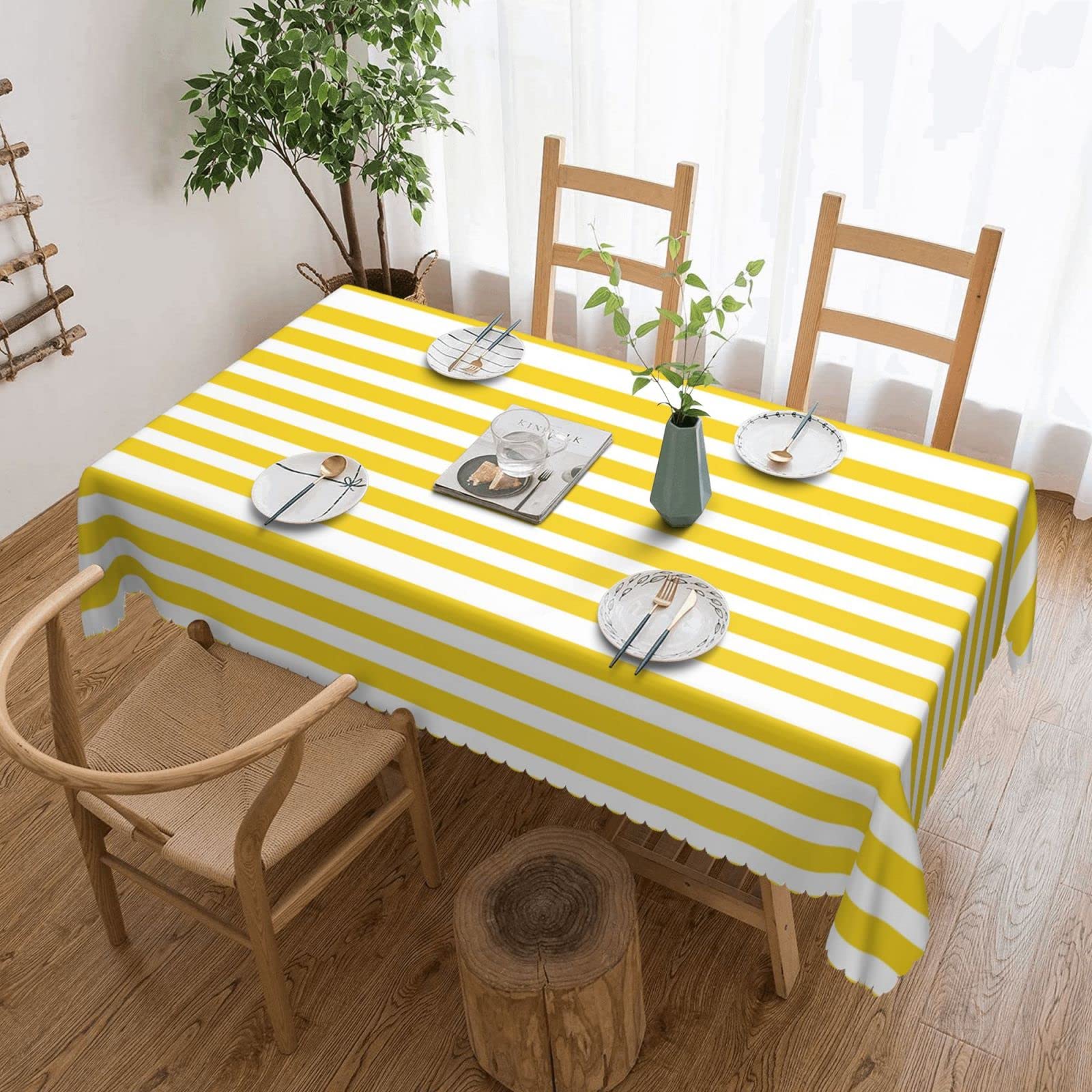 AUGUSTRUSH Rectangle Tablecloth 72x54 Inch, Lemon Yellow Stripes Tablecloths, Water-Resistant Polyester Table Cover, Spill-Proof Wrinkle-Free Washable Dining Table Linen For Wedding, Party, Picnic