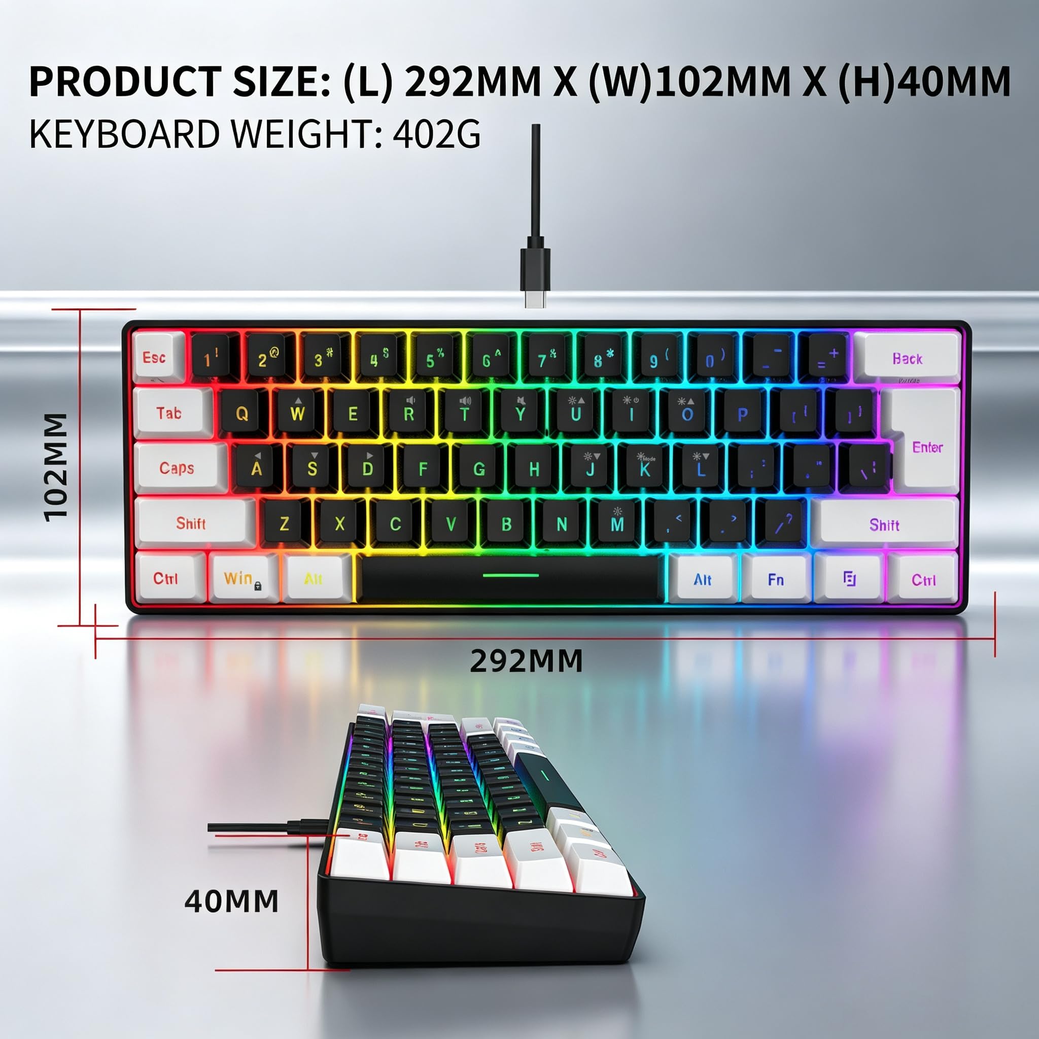 Snpurdiri Teclado para Juegos con Cable al 60%, Teclado para Juegos de Membrana retroiluminada RGB pequeño, Ultra Compacto, Mini Teclado Impermeable para PC, computadora, Jugador, Blanco y Negro | Teclado retroiluminado de membrana pequeña para juegos de