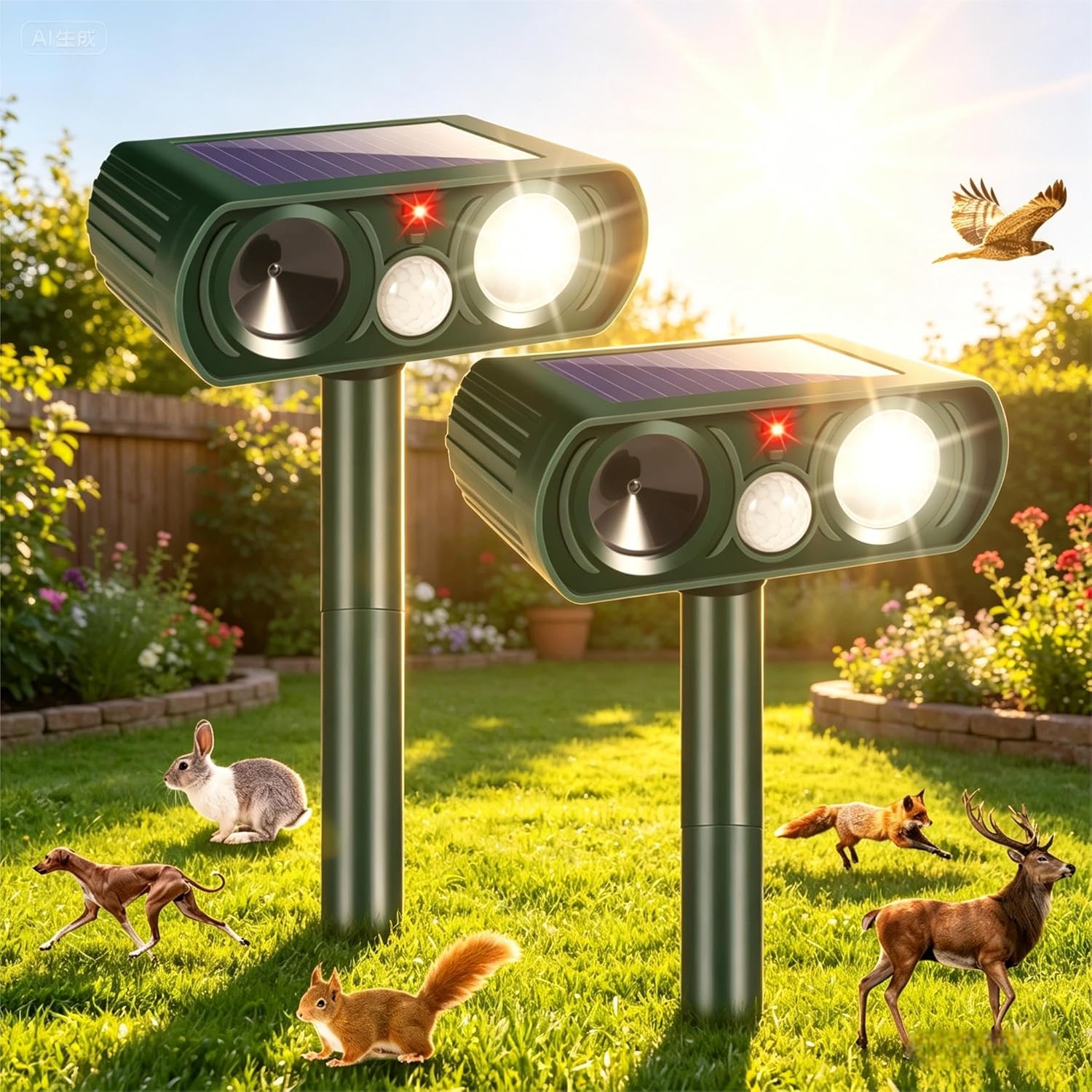 2026 Sonic Fortress Pro Deer Repellent Devices,Squirrel Racoon Repellent Outdoor Cat Deterrent Solar Ultrasonic Animal Repeller IP65 Waterproof with Motion Sensor for Dog Rabbit for Yard Garden,2 Pcs