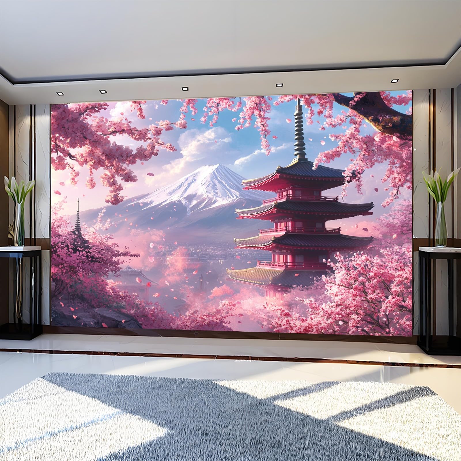 Fototapete Japanischer Kirschblütenturm 3D Effekt Vliestapete 350 x 256 cm Rosa Wandtapete Wandbild für Wohnzimmer Schlafzimmer TV Hintergrund