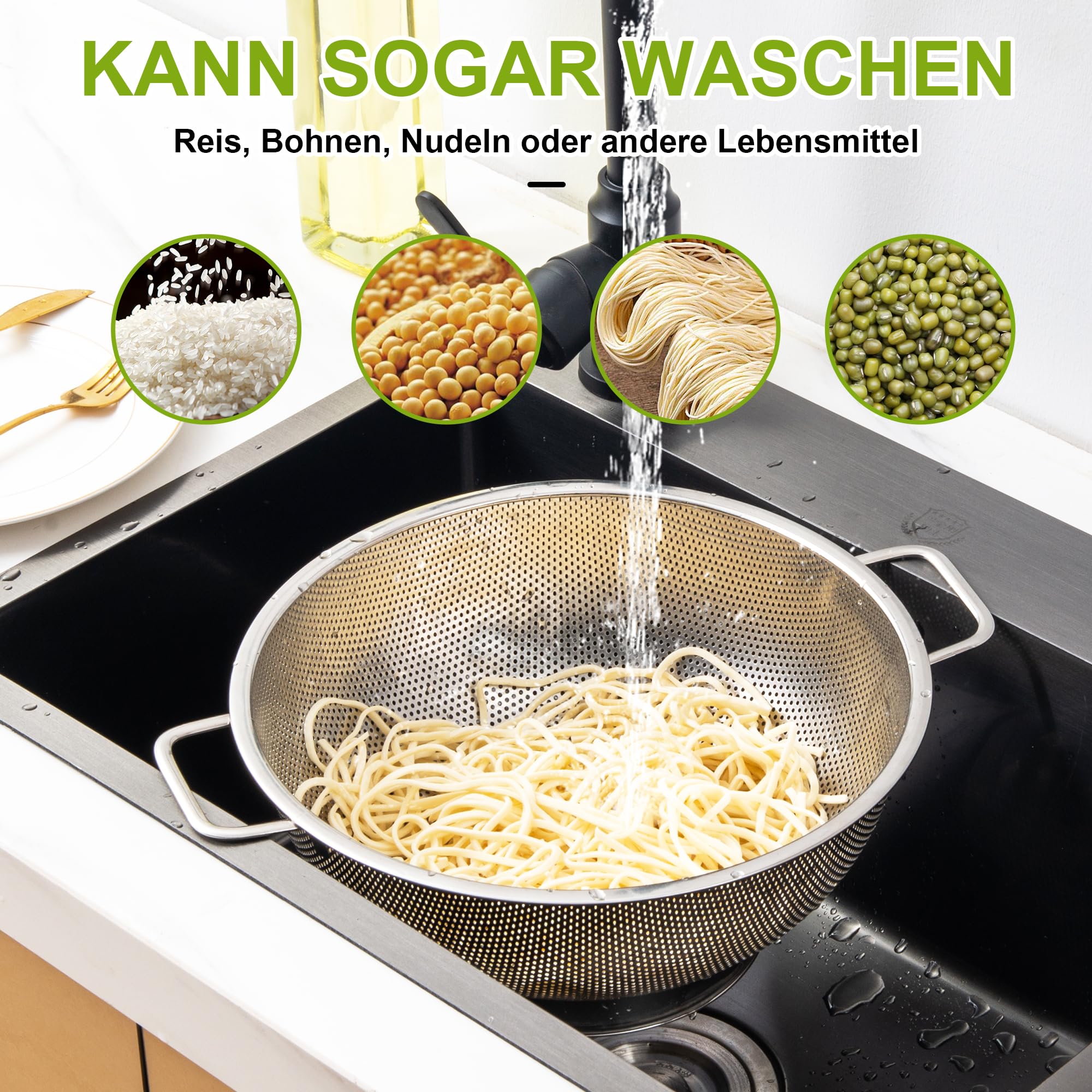YC Kitchen Colapasta in Acciaio inox, Scolapasta da Cucina in Acciaio inox con Manici, Colino,Lavabile in Lavastoviglie,28,5cm