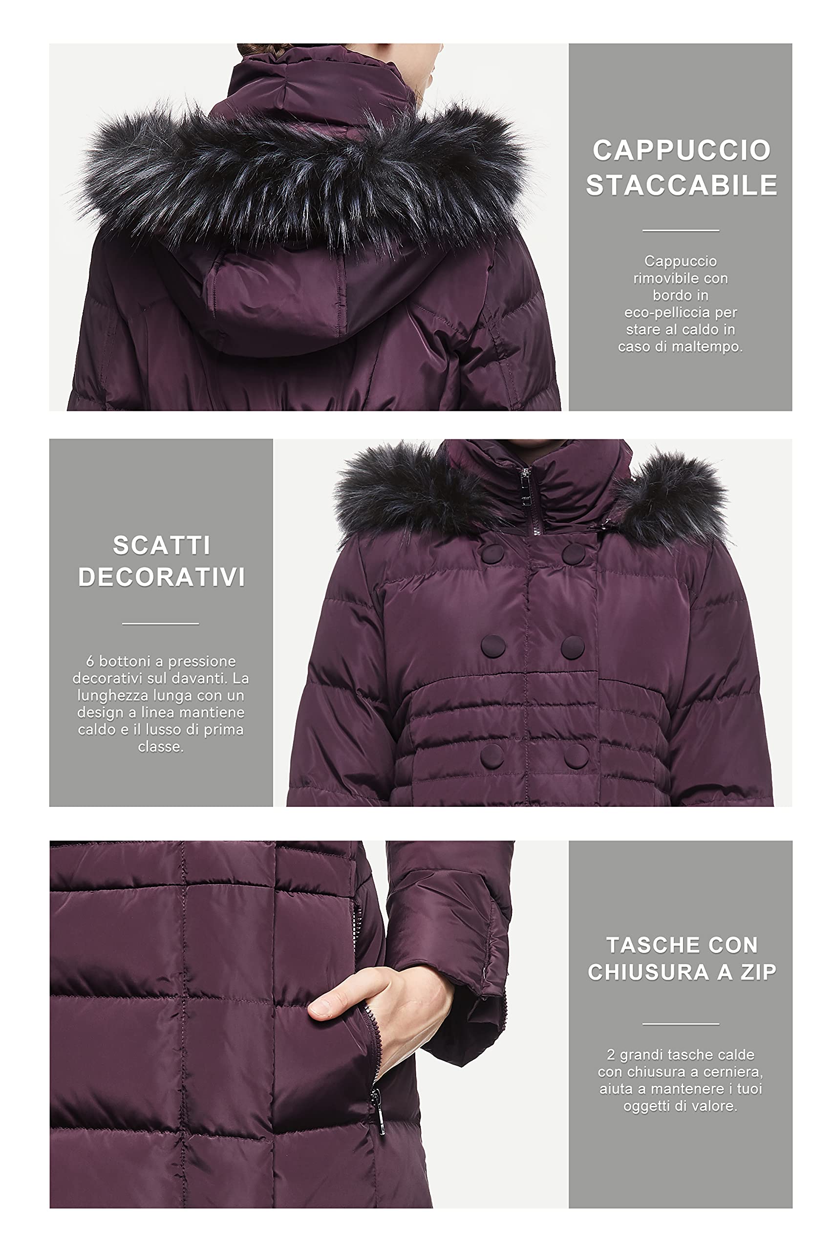 OROLAY Piumino da Donna con Cappotto Lungo Maniche Raglan con Cappuccio in Pelliccia