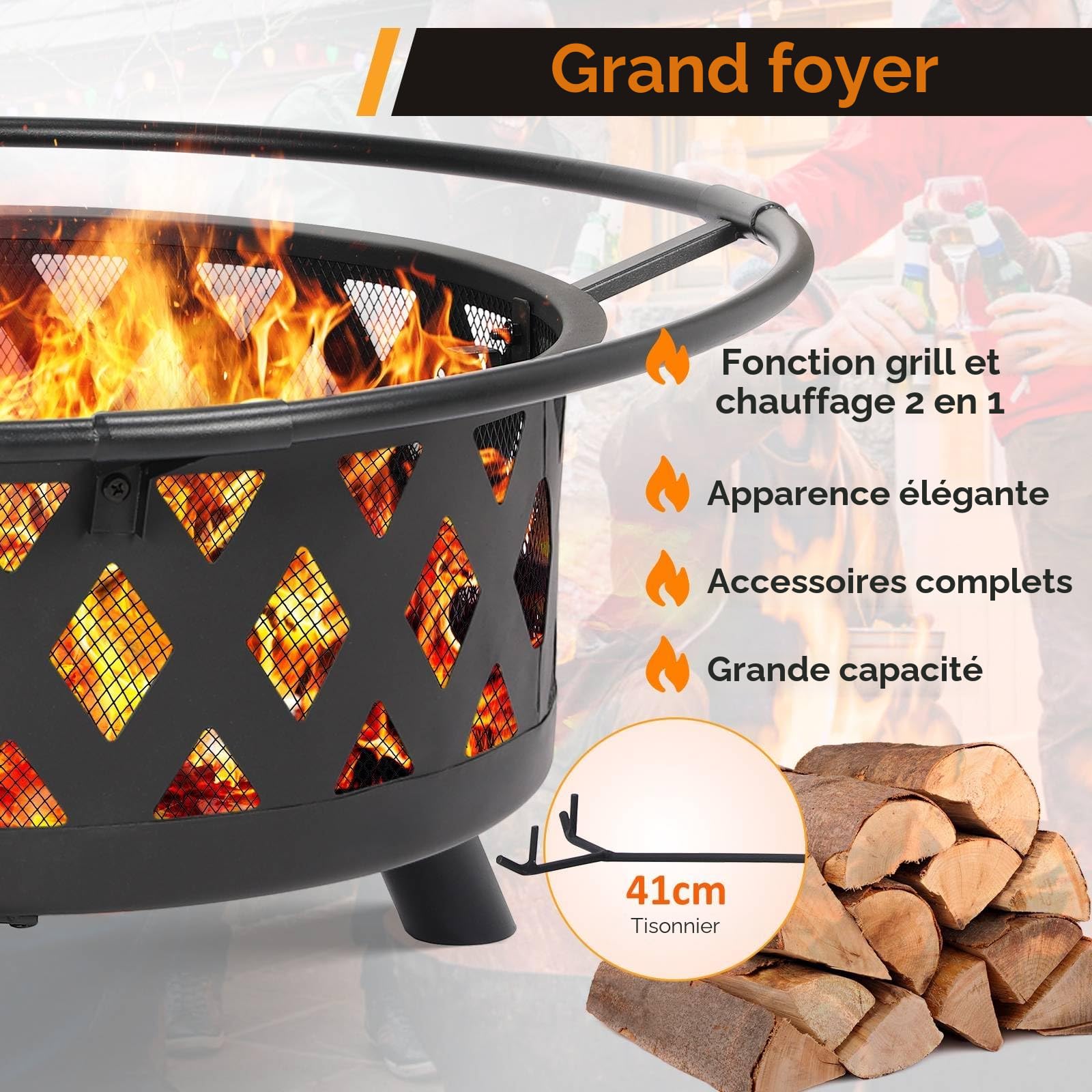 TLSUNNY Brasero de Jardin, Ø 76 cm Brasero Exterieur Terrasse, avec Grille, Protection Étincelles & Tisonnier, 3PCS Pieds, Multifonctionnel, Noir, pour Le Barbecue et Le Chauffage