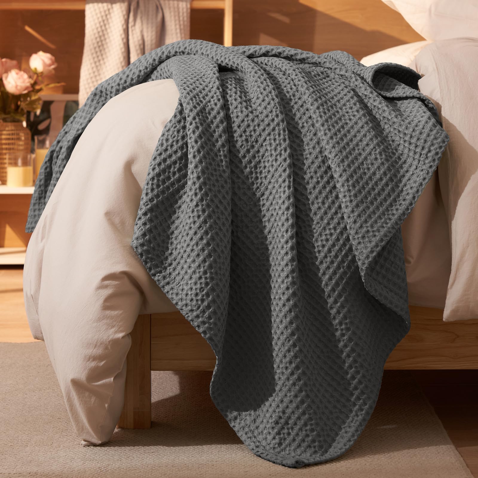 PHF Ultra Soft Waffle Weave Throw Blanket 50"x 60"- Washed Lightweight Breathable Cozy Woven Blanket for Bed - Aesthetic Decor for Couch Bedding Sofa Home Car - Grey