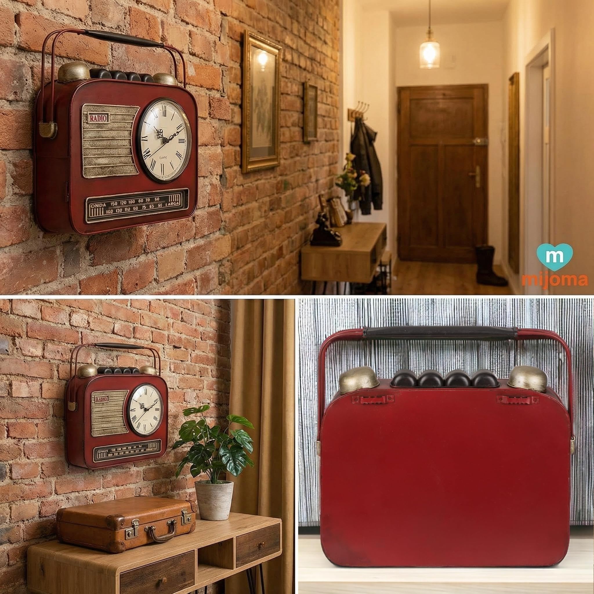 MIJOMA Schlüsselkasten Retro-Radio mit Uhr 28x29x7 cm – Metall für Wandmontage – dekorative Aufbewahrung im Vintage Stil für Flur Eingangsbereich