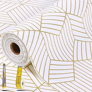 Kimhan Gold Geometric Shelf Liners 12in x 20FT Non-Adhesive Non-Slip Thick Drawer Liner with Knife & Tape Measure