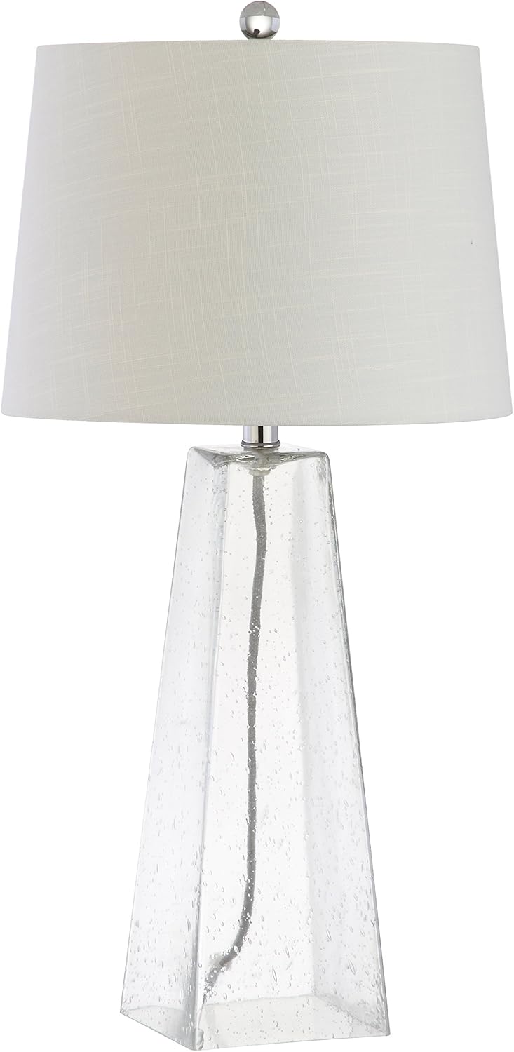 JONATHAN Y 28.5" Clear Glass Modern Column LED Table Lamp, Contemporary Minimalist Lamp for Living Room, Bedroom, White Linen Empire Shade, LED Bulb Included, UL Listed JYL2006A