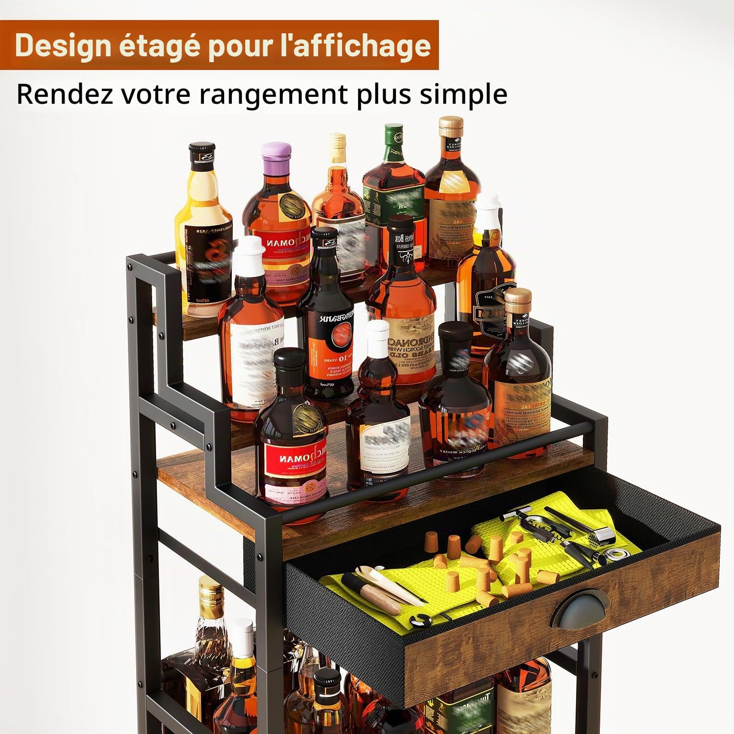 IBUYKE Range Bouteille Vin à Plusieurs Niveaux,Indépendant,Casier à vin avec tiroir pour Whisky, Étagère à Bouteilles de présentation pour Bar,Salon,Salle à Manger, Marron TMJ915H