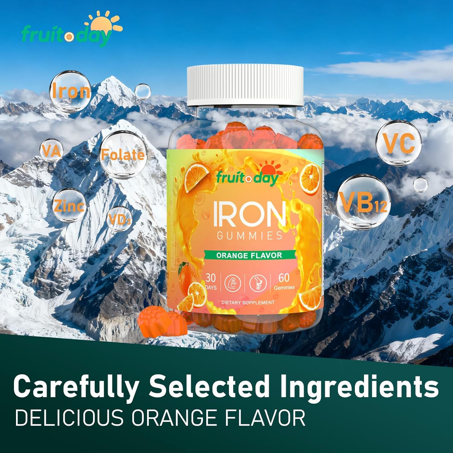 Iron Gummies with Vitamin C, B6, B12 and Folate - Gentle Ferrous Bisglycinate for Daily Nutrition - Orange Flavor - 60 Gummies