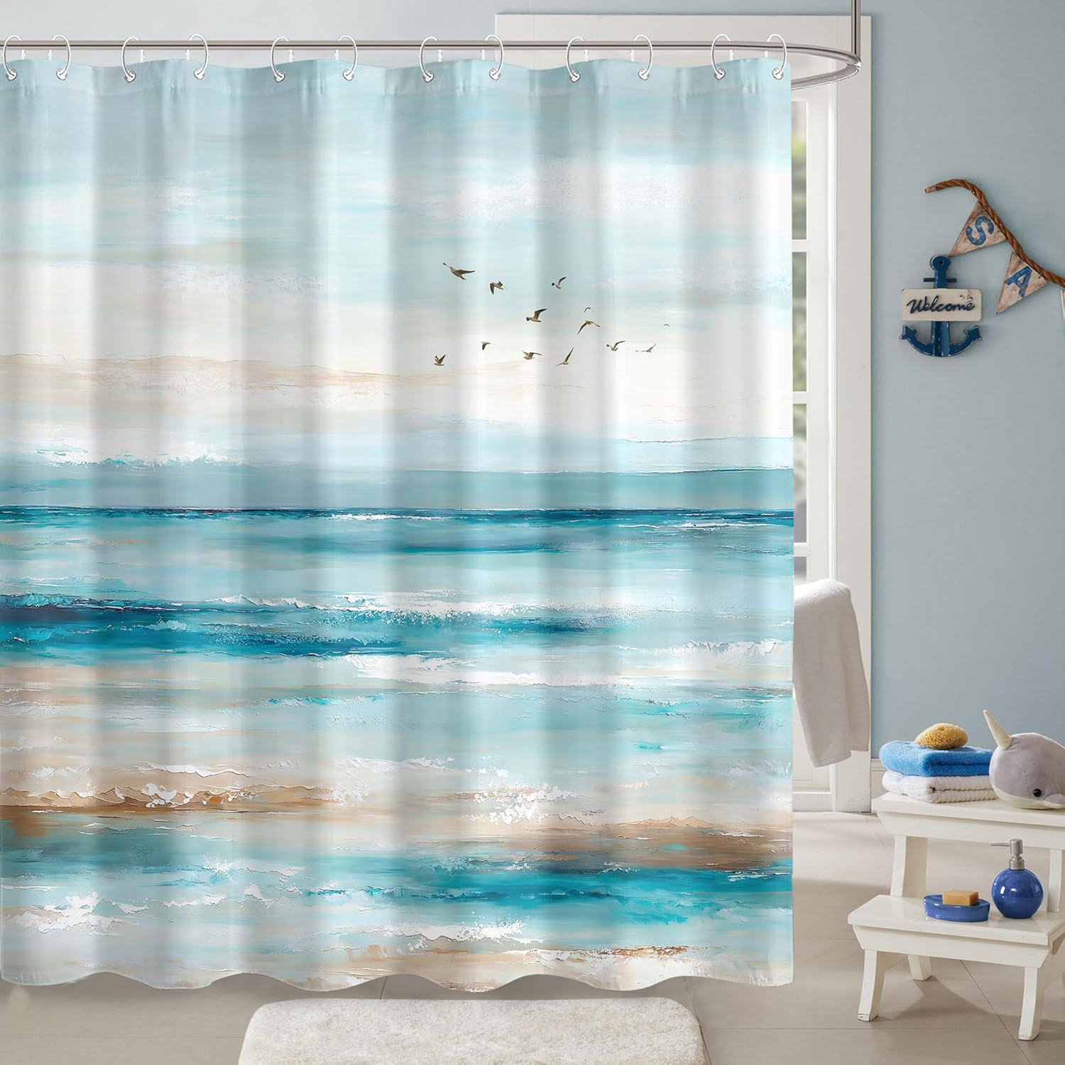 Accnicc Abstract Beach Shower Curtain 84 Inch Extra Long Ocean Art Oil Painting Shower Curtains for Bathroom Teal Blue Coastal Seagull Waterproof Fabric Bath Curtain Decor
