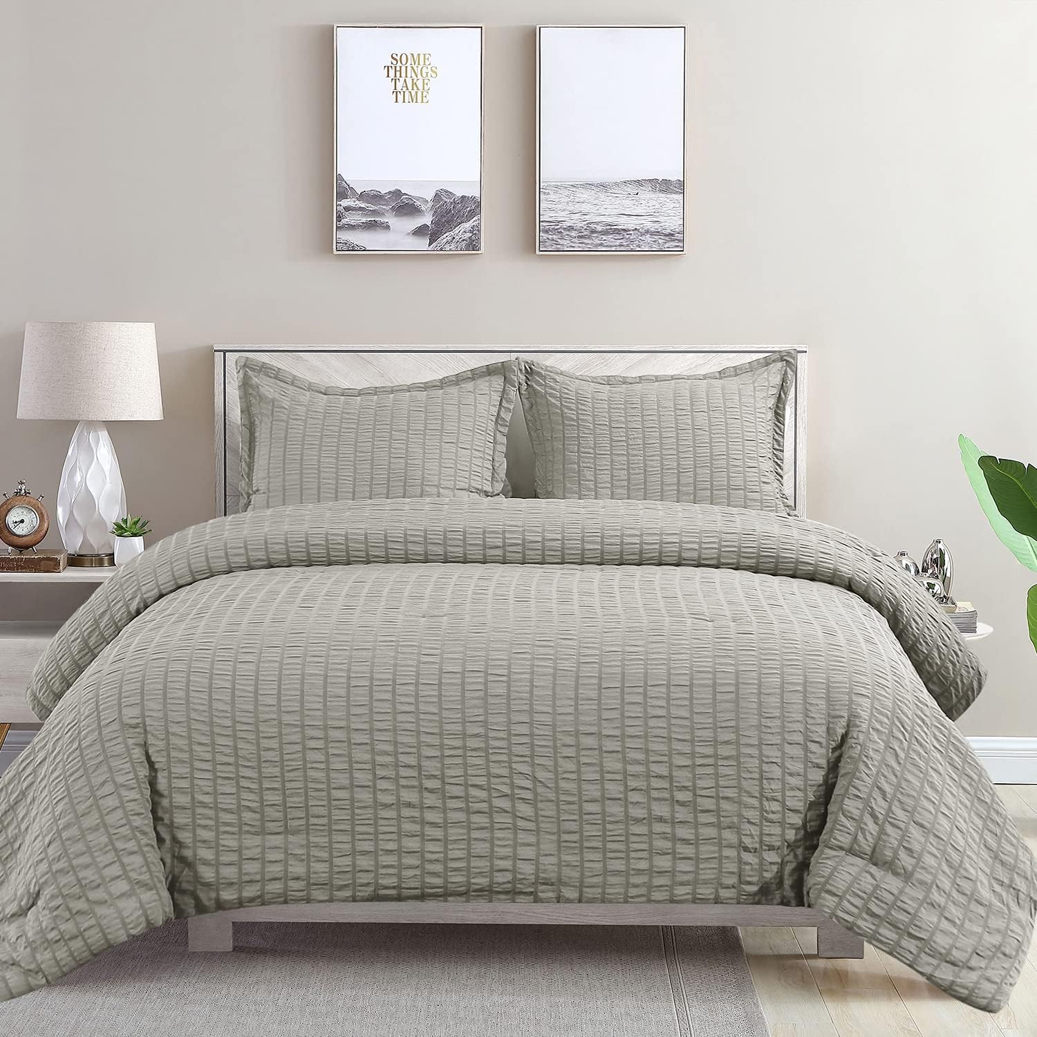 Shatex Comforter Set King Bedding Comforter Set 3 Pieces Seersucker Gray Bed Sets Summer