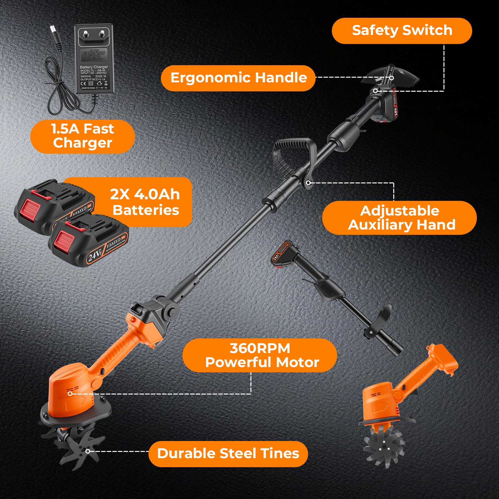 Motocoltivatore elettrico senza fili 21 V 2 in 1 fresa 4 lame 10 cm | 2 batterie da 1500 mAh, manico telescopico 1,3 m, acciaio Manganese, giardino e orto, mini motobèche