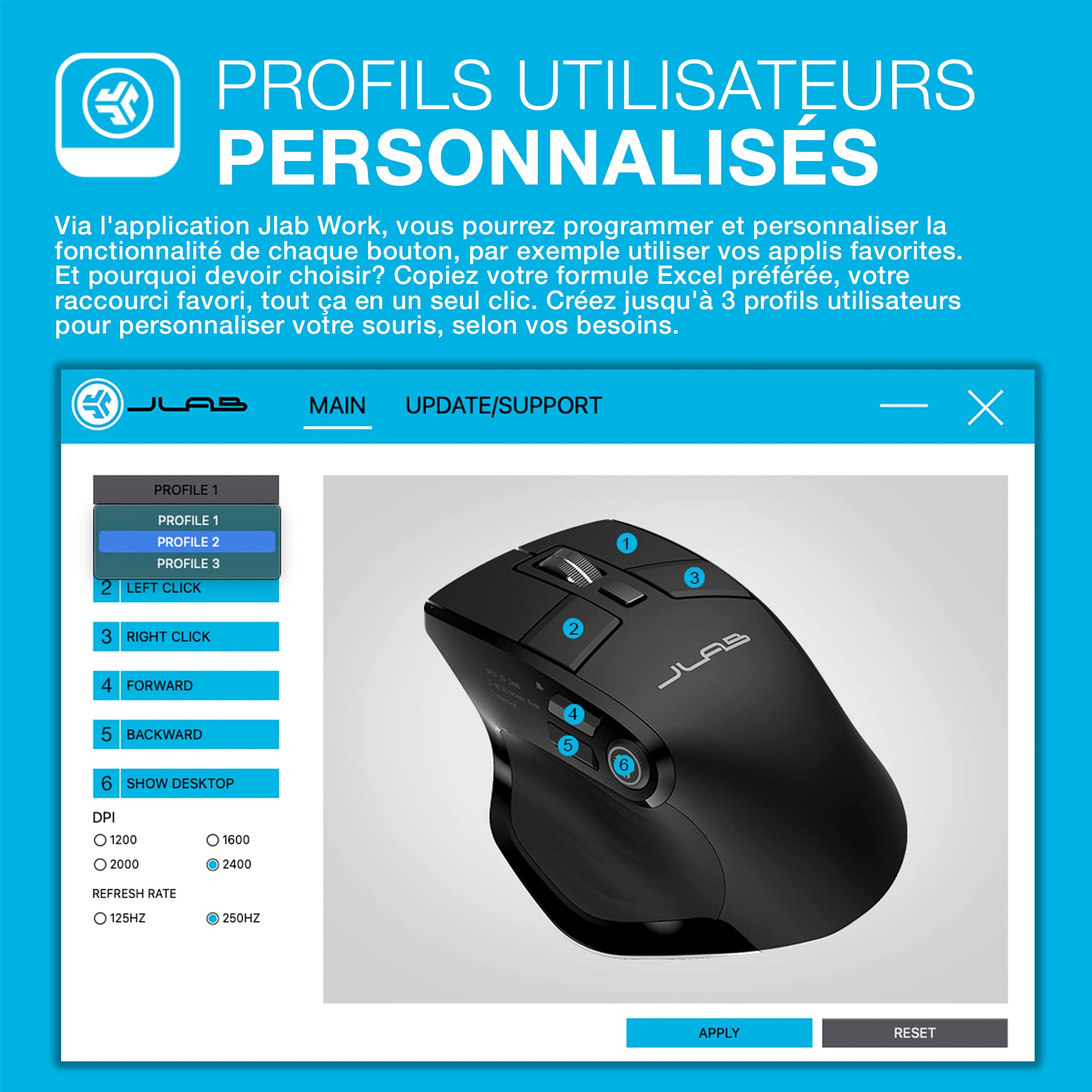 JLab Epic Souris sans Fil Bluetooth Rechargeable - Ergonomique Silencieuse | Souris Ergonomique sans Fil Silencieuse, Bluetooth/Récepteur USB Multi Appareils, pour PC Portable/Ordinateur/Tablette/Mac