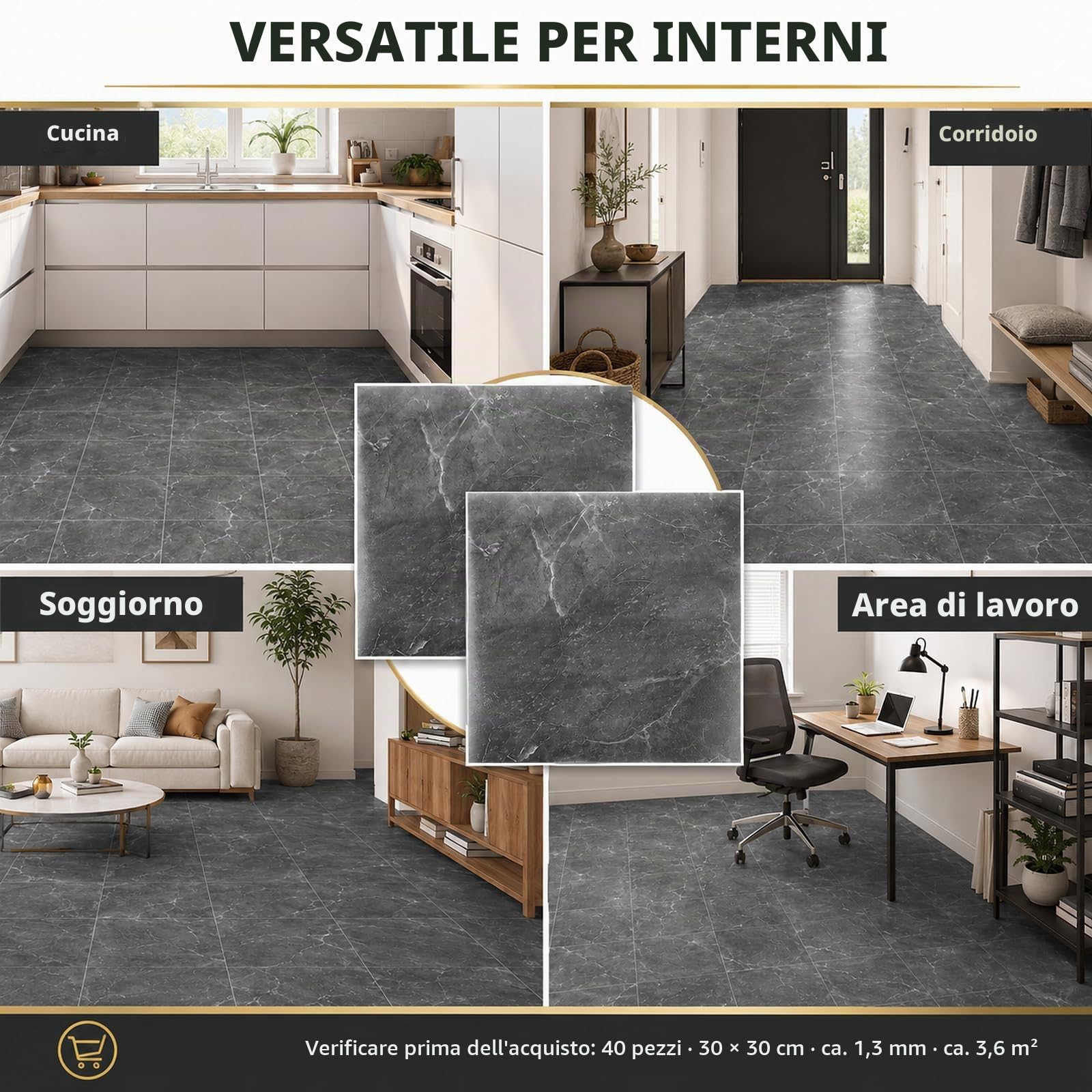 CYEER 40 pezzi 30x30CM Pavimento autoadesivo in PVC, Pavimento in vinile autoadesivo grigio, Piastrelle autoadesive per cucina, soggiorno, bagno (grigio marmorizzato)