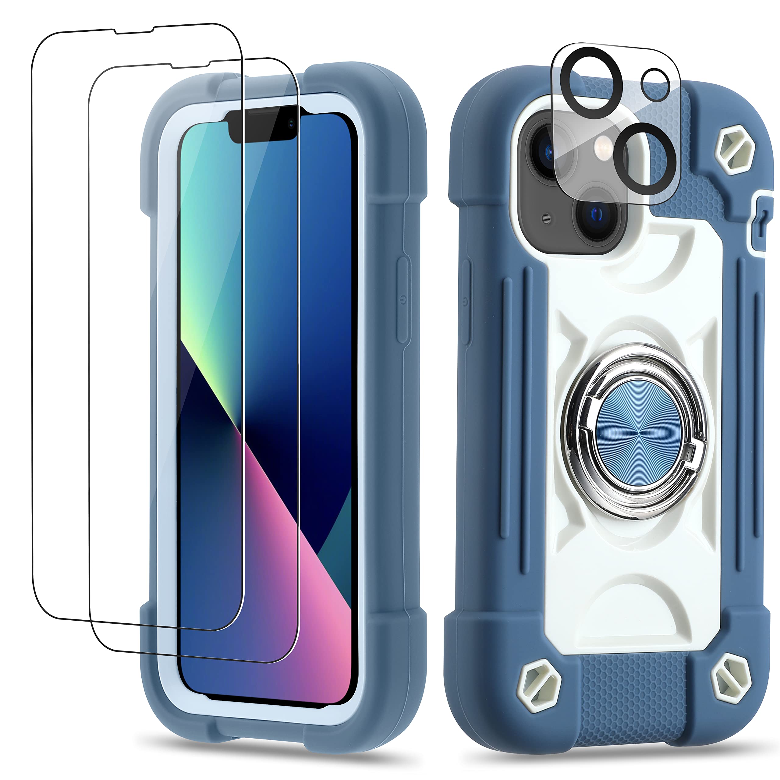 Cookiver for iPhone 13 mini/iPhone 12 mini Case 5.4 Inch with Ring Stand, with 2 Pack Glass Screen Protector + 1 Pack Camera Lens Protector,Heavy-Duty